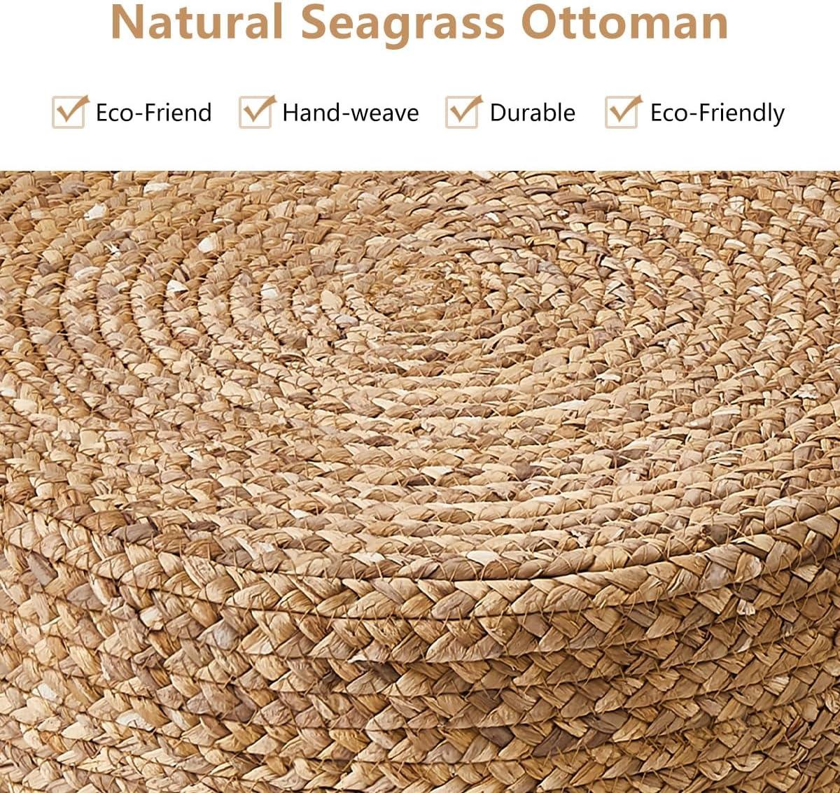 Mxfurhawa Seagrass Pouf Ottoman Round Accent Foot Rest Stool Outdoor, Natural & White