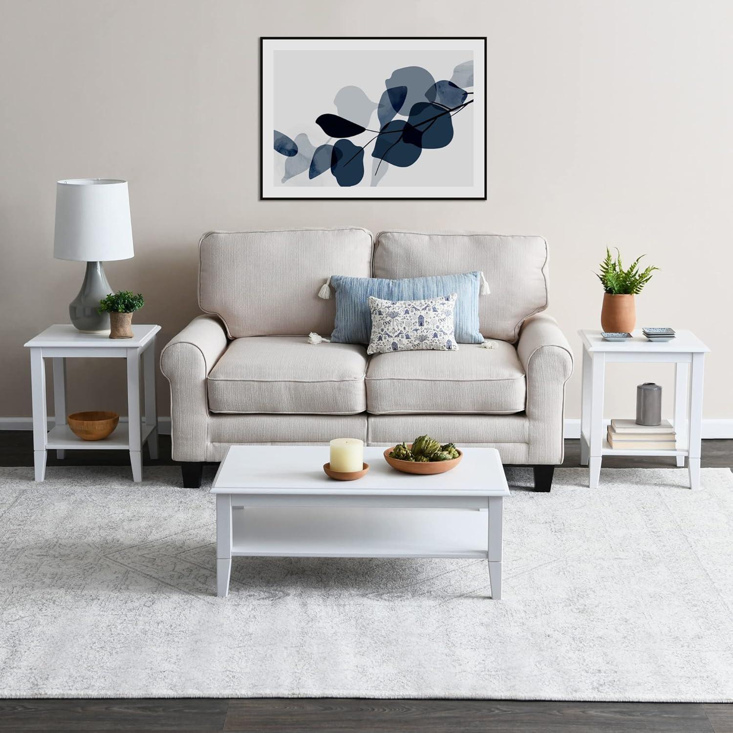 Storied Home Pleasantville Coffee Table with Storage Shelf and Solid Wood Legs White: Country Style, Engineered Top