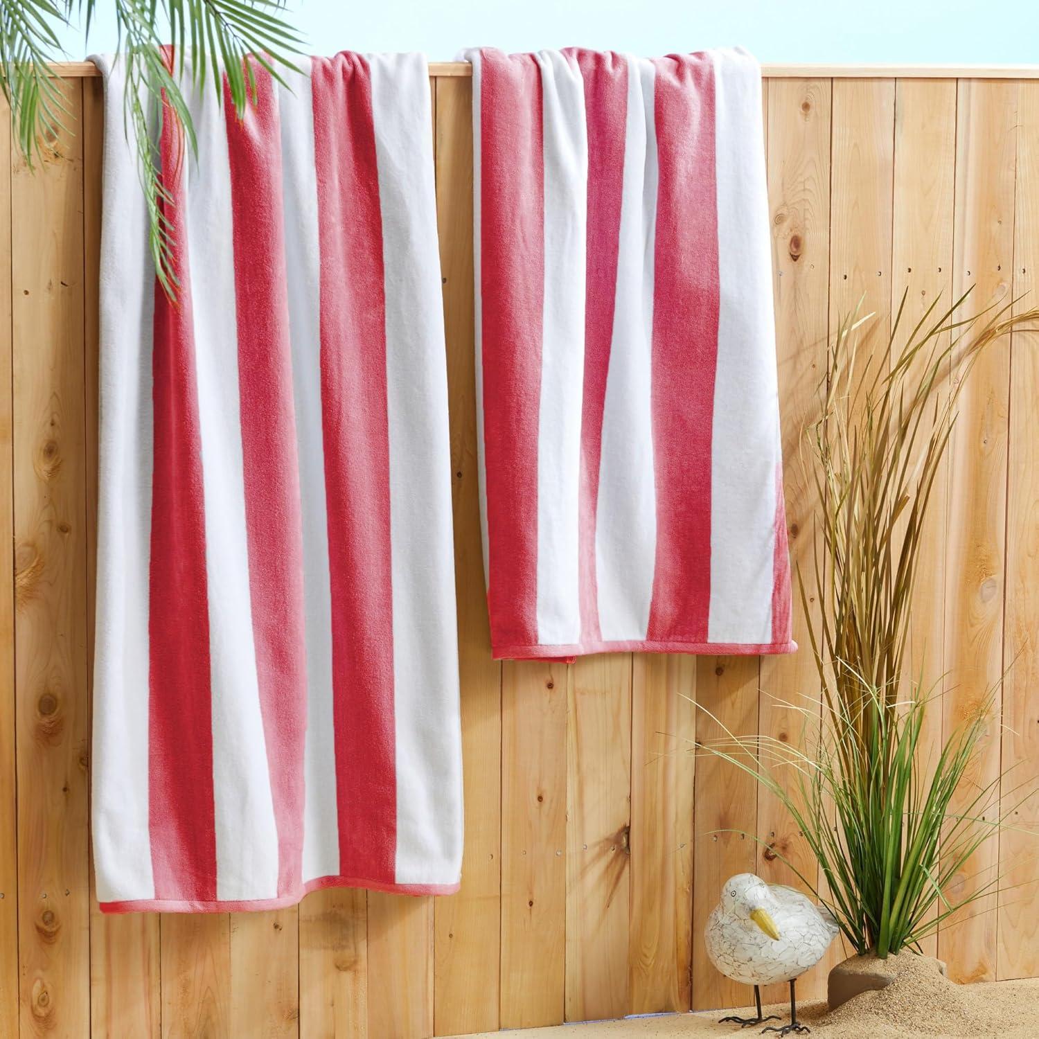 100% Cotton Velour Cabana Stripe Beach Towel Set 30" x 60" - Ultra Soft, Plush, & Highly Absorbent Towels for Pool, Beach, & Swimming. Marina Collection (4-Pack, Rose)