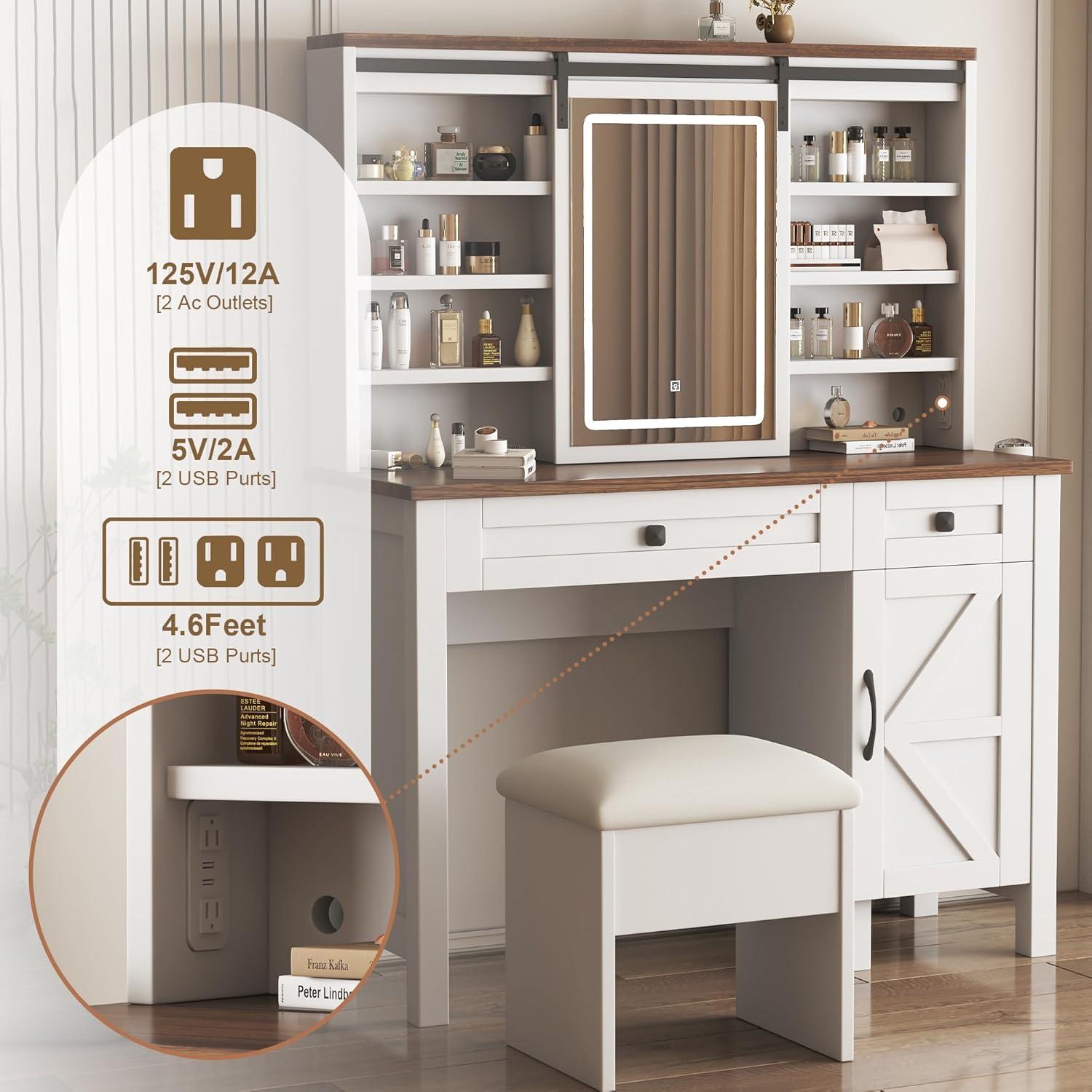 MONTARY Makeup Vanity Desk with Mirror and Lights, Dressing Table , White Vanity Table Set with 6 Drawers & Shelves & 4 Cabinets, 3 LED Lighting Modes Brightness Adjustable