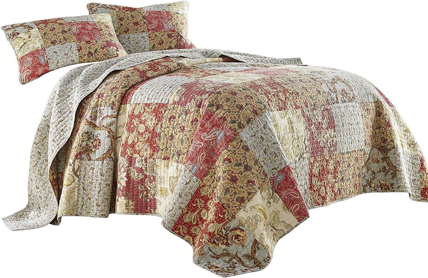 Chezmoi Collection Leslie 3-Piece Floral Patchwork Reversible 100% Cotton Vintage Washed Quilt Set