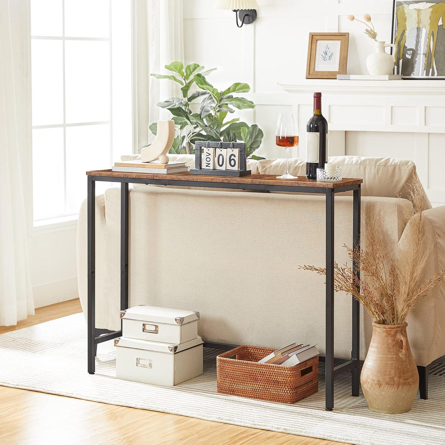 Rustic Brown and Black Wood Metal Console Table with Storage