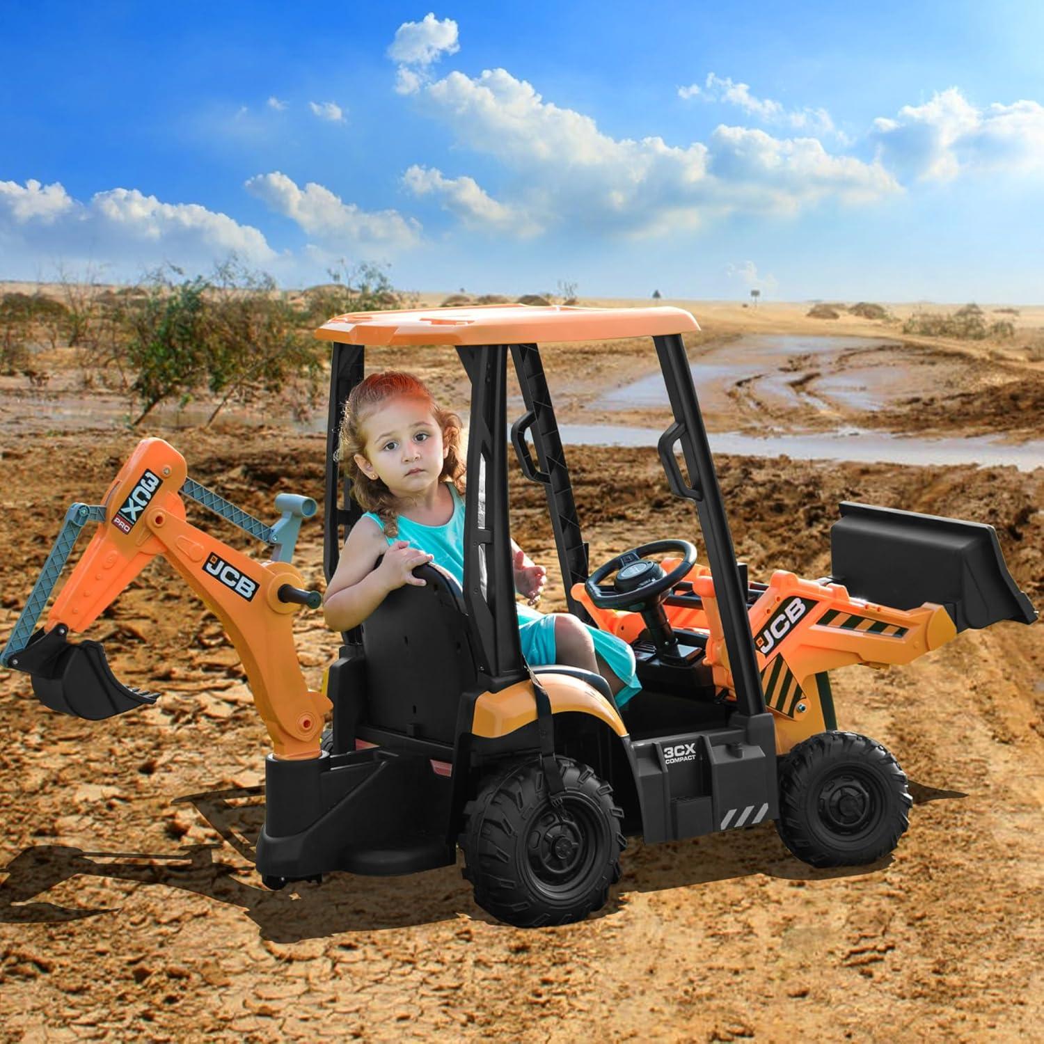 EastVita 12V Ride on Toys Tractor, Kids Ride on Car Toy Excavator Bulldozer, 12V Digger w/Trailer, Shovel Bucket, Digger, Remote Control, EVA Tires, LED Lights, Music, USB