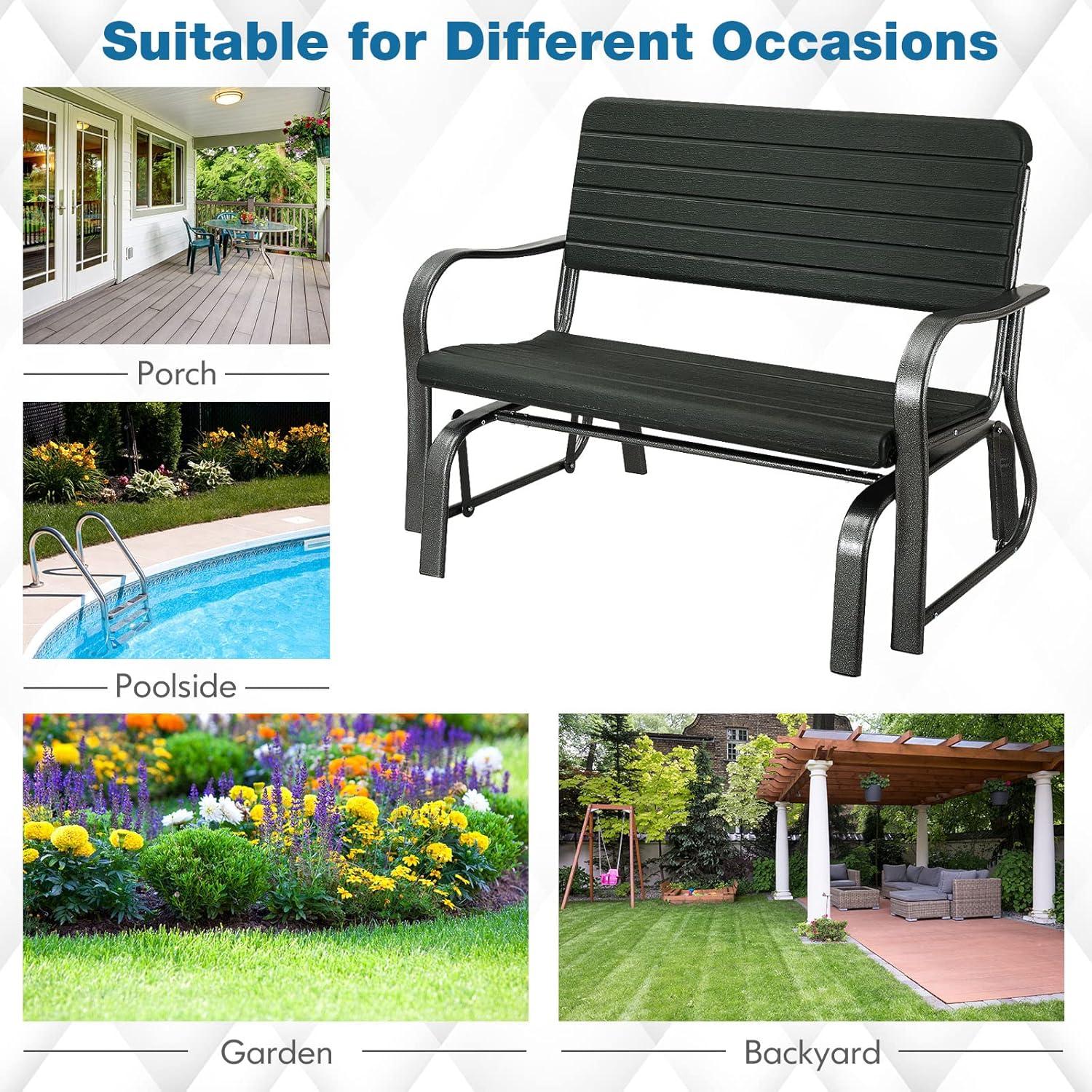 Black Steel Frame Outdoor Glider Bench with HDPE Seat