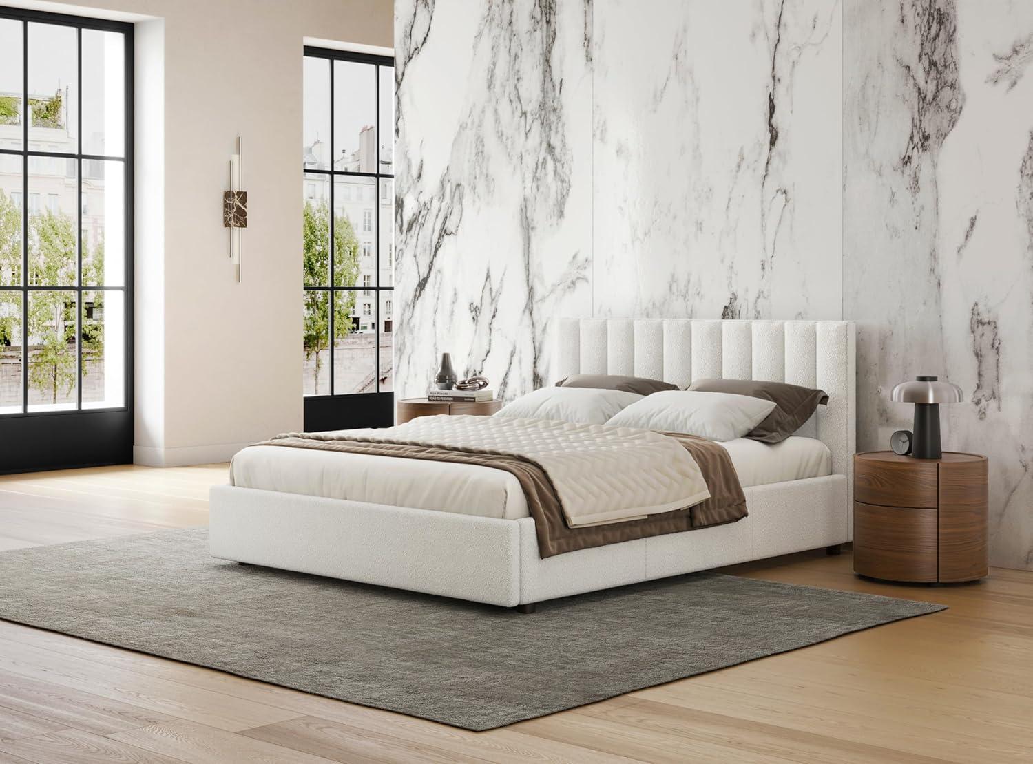 Omax Decor Jaxon Upholstered Platform Queen Bed in White Boucle Fabric