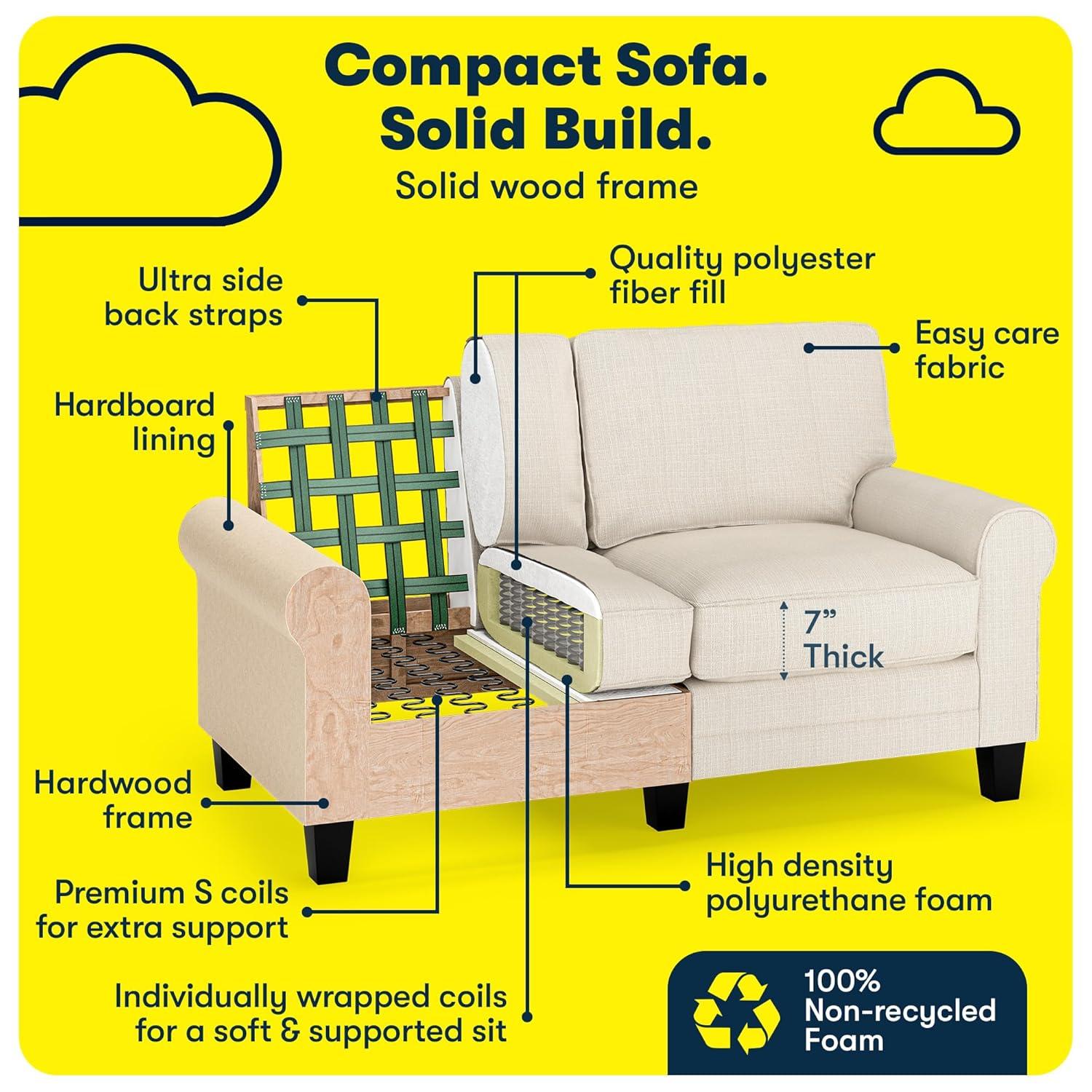 Serta Copenhagen 61" Rolled Arm Sofa, Easy Care Fabric, Soft Pillow Back, Pocket Coil Seat Cushions