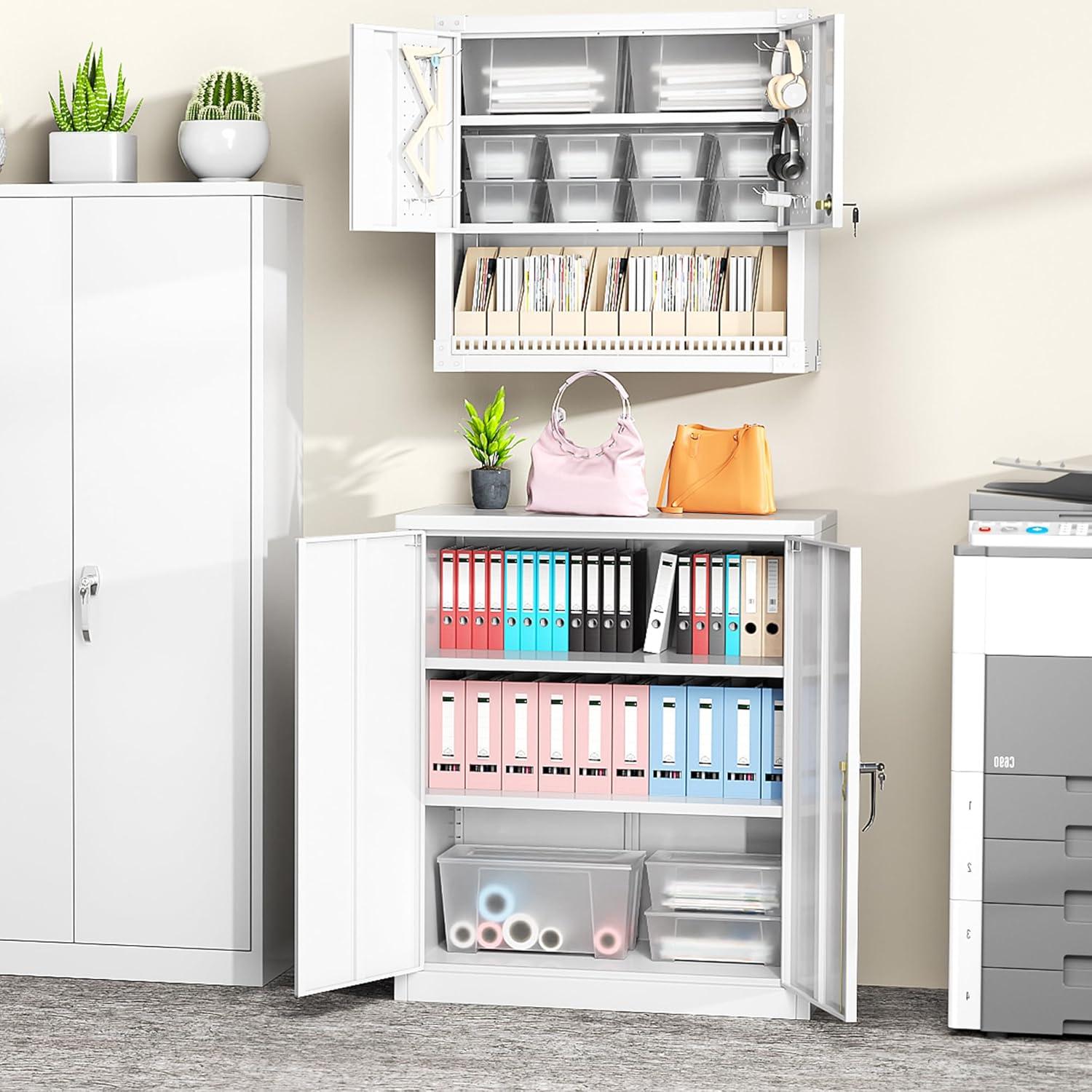 Greenvelly Metal Storage Cabinet with Lock, 36" Metal Locking Storage Cabinet with Doors and 2 Adjustable Shelves, Lockable Steel Cabinets for Office,Garage, Home, School (White)