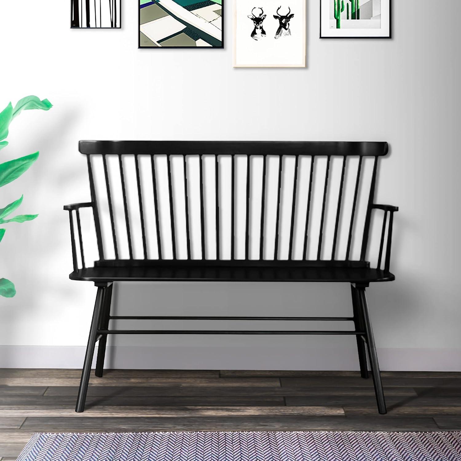 Transitional Black Wooden Spindle Back Bench with Splayed Legs