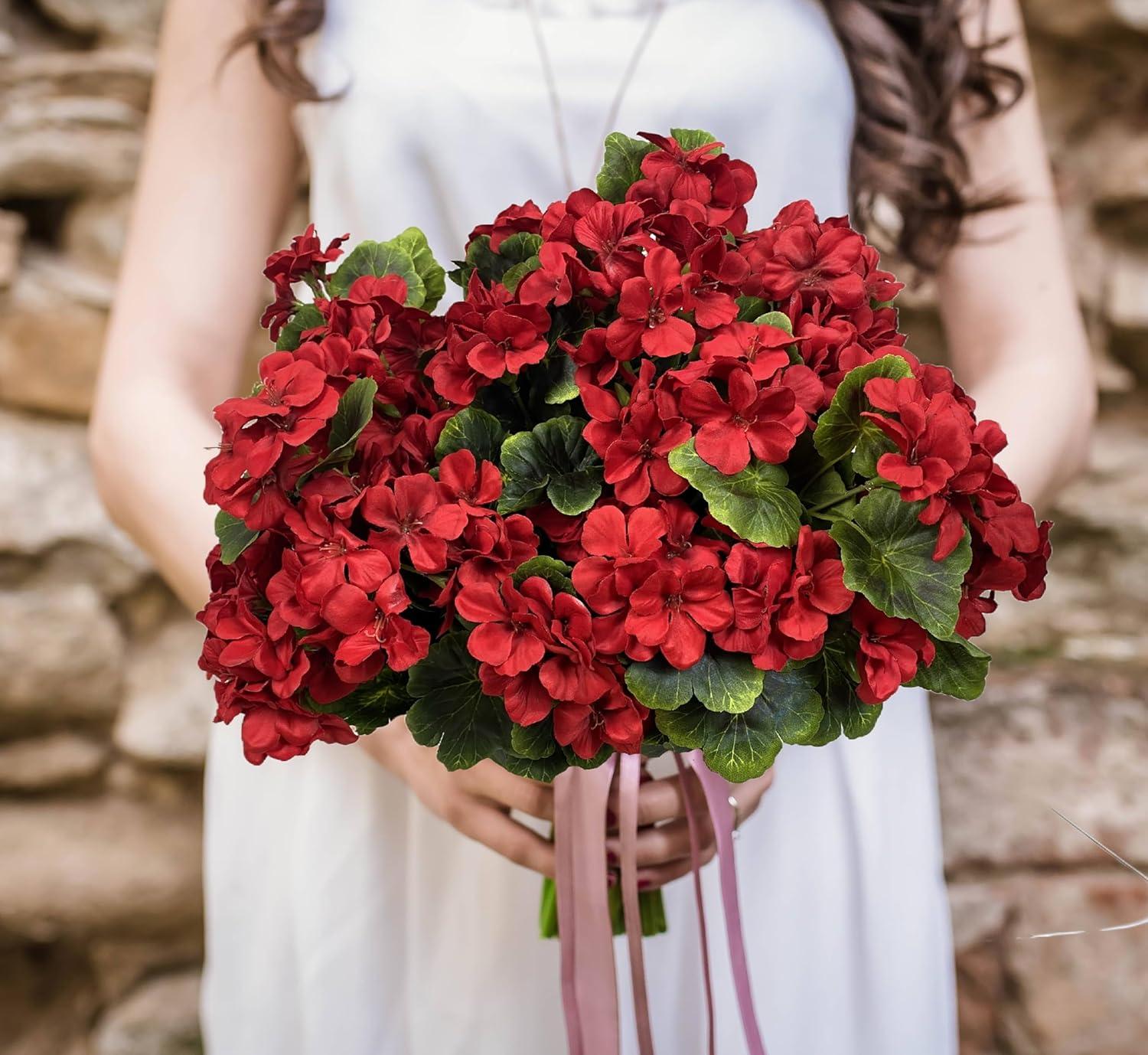 Pack of 4 - Artificial Geraniums Bundles Full Blooms Silk Flower Plants Geranium Bush Red Color for Home Garden Wedding Indoor Outdoor Decor (Red - Pack of 4)