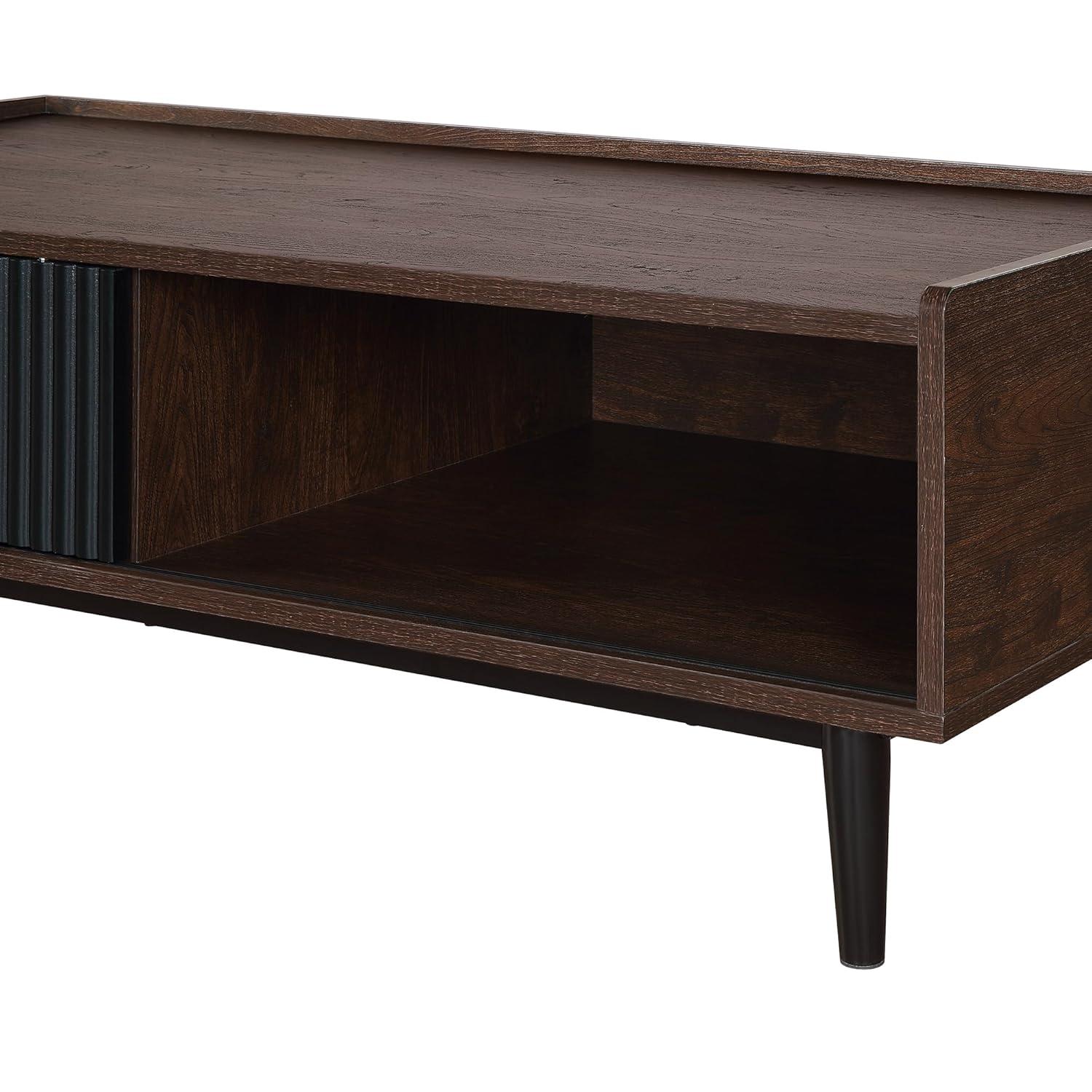Manhattan Comfort Duane Ribbed Coffee Table with Drawer and Shelf Dark Brown/Black: Rectangular, MDF, Living Room Furniture