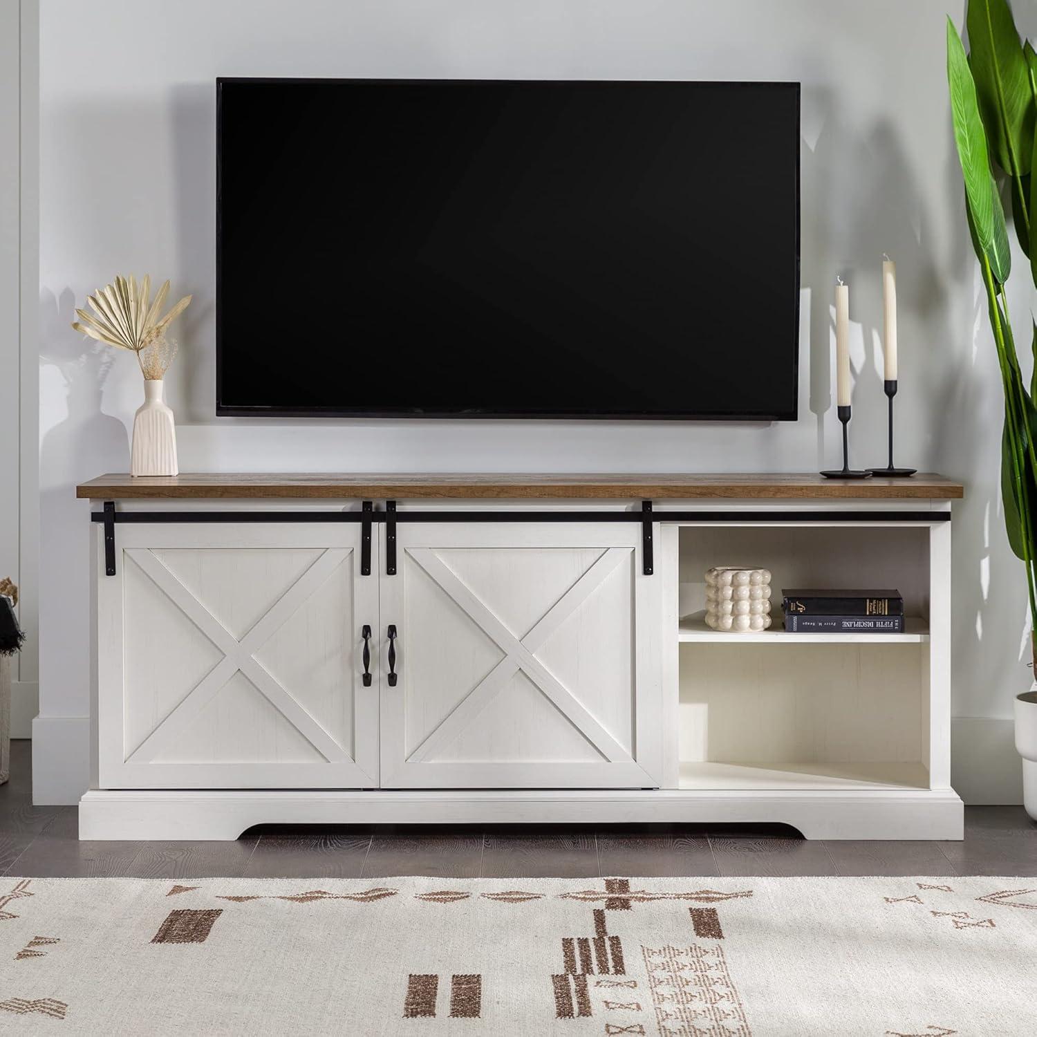 Walker Edison Sliding Barn Door 70" Farmhouse Wood TV Stand in White/Black