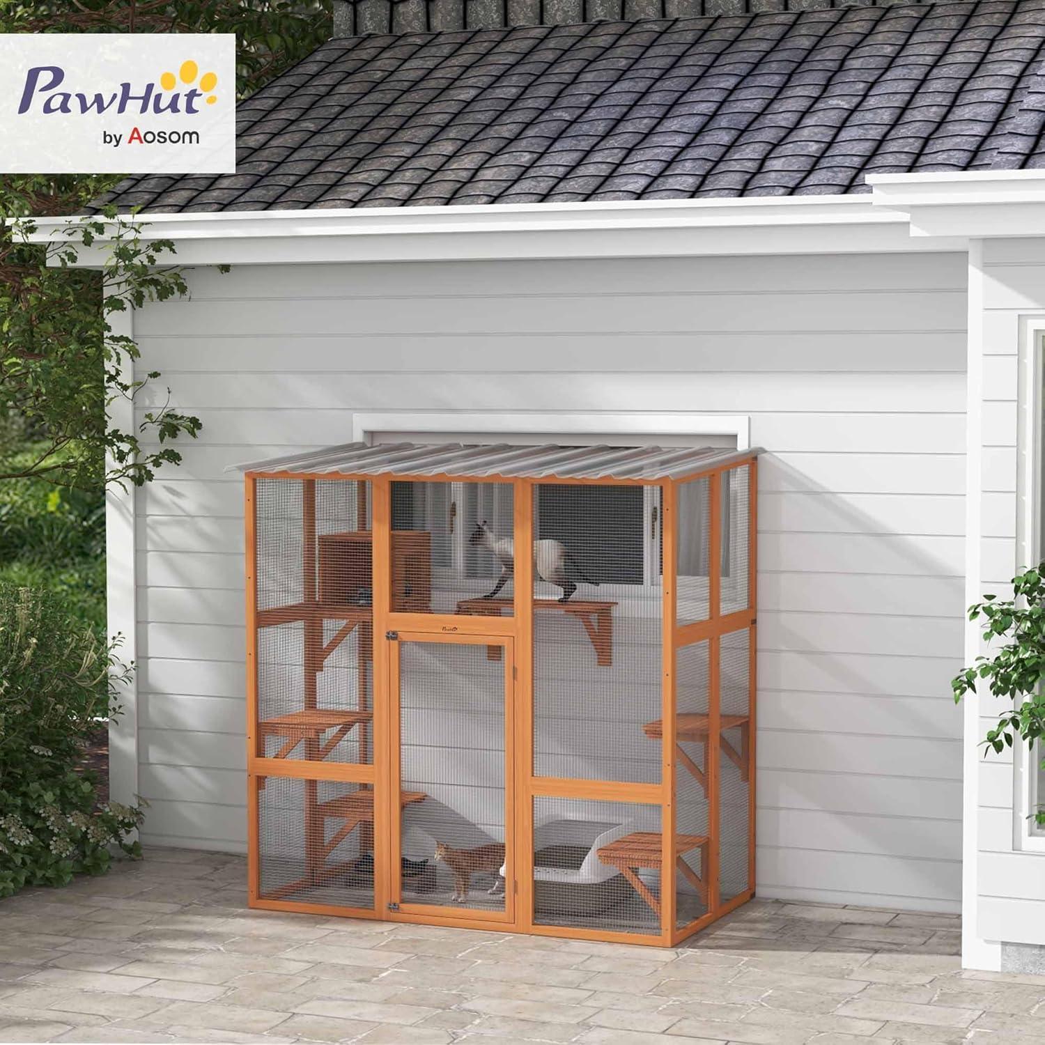 PawHut Catio, Outdoor Cat Enclosure Window Box Wooden Cat House w/ Weather Protection Roof for 2 Kitties with Resting Box, Platforms & Bridge