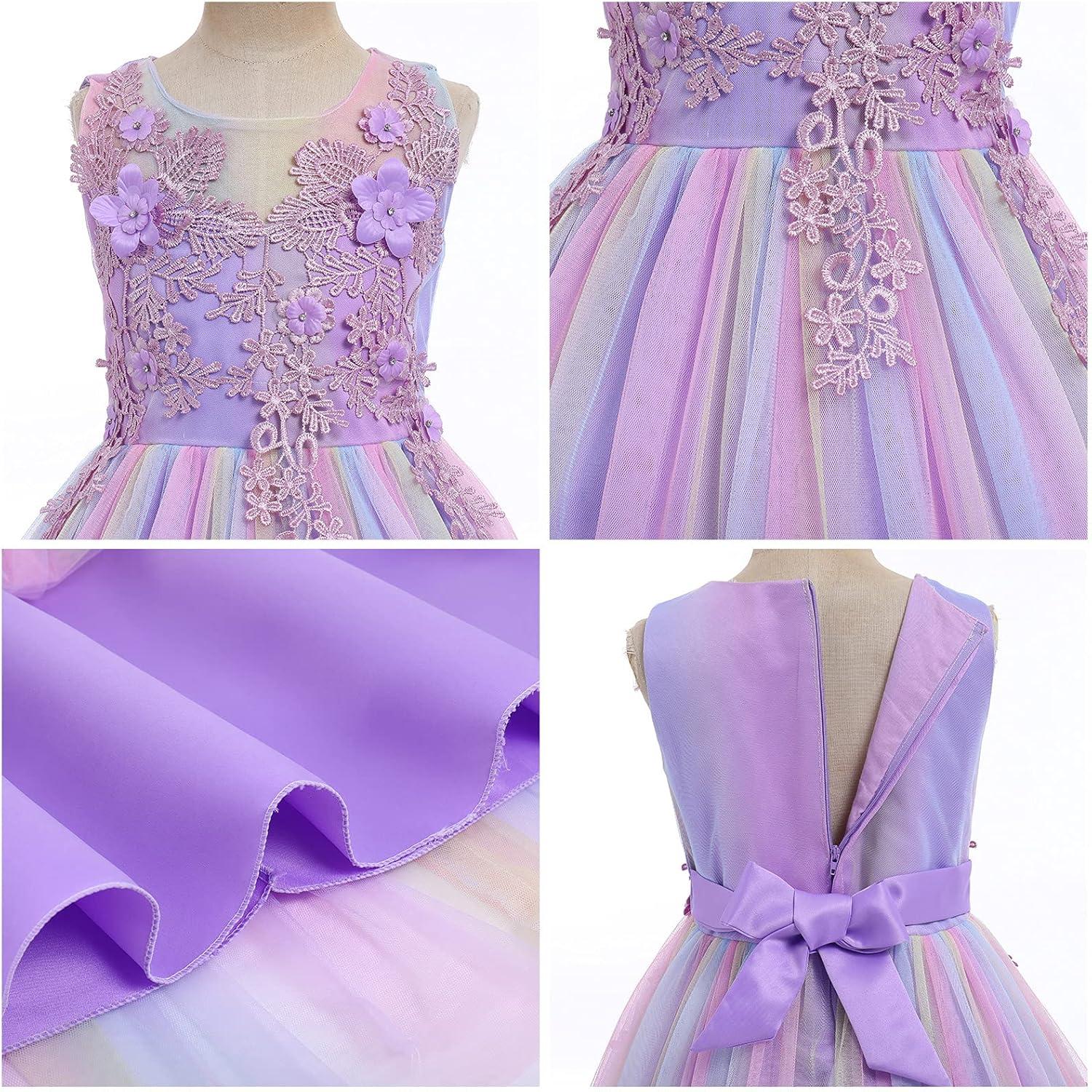 IBTOM CASTLE Vestidos de Desfile Bordados de Encaje Bohemio Floral de Princesa para Fiesta de Niños Boda Vestido Largo de Comunión Hinchado 11-12 Años Púrpura