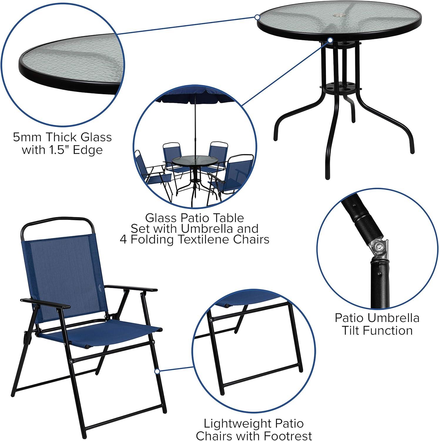 Emma and Oliver 6 Piece Navy Patio Garden Set with Umbrella Table and Set of 4 Folding Chairs