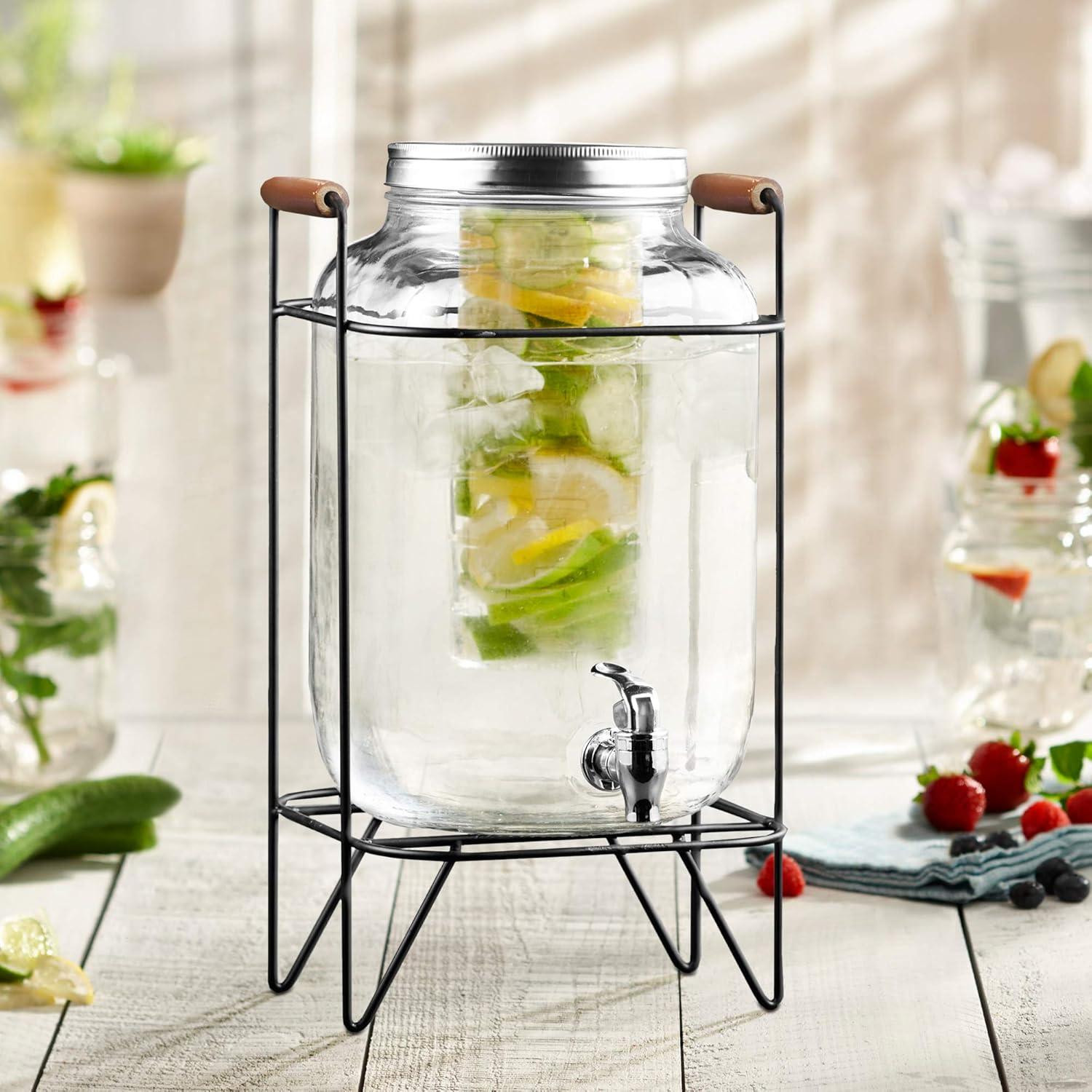 Clear Glass Beverage Dispenser with Metal Stand and Lid, 2 Gallon