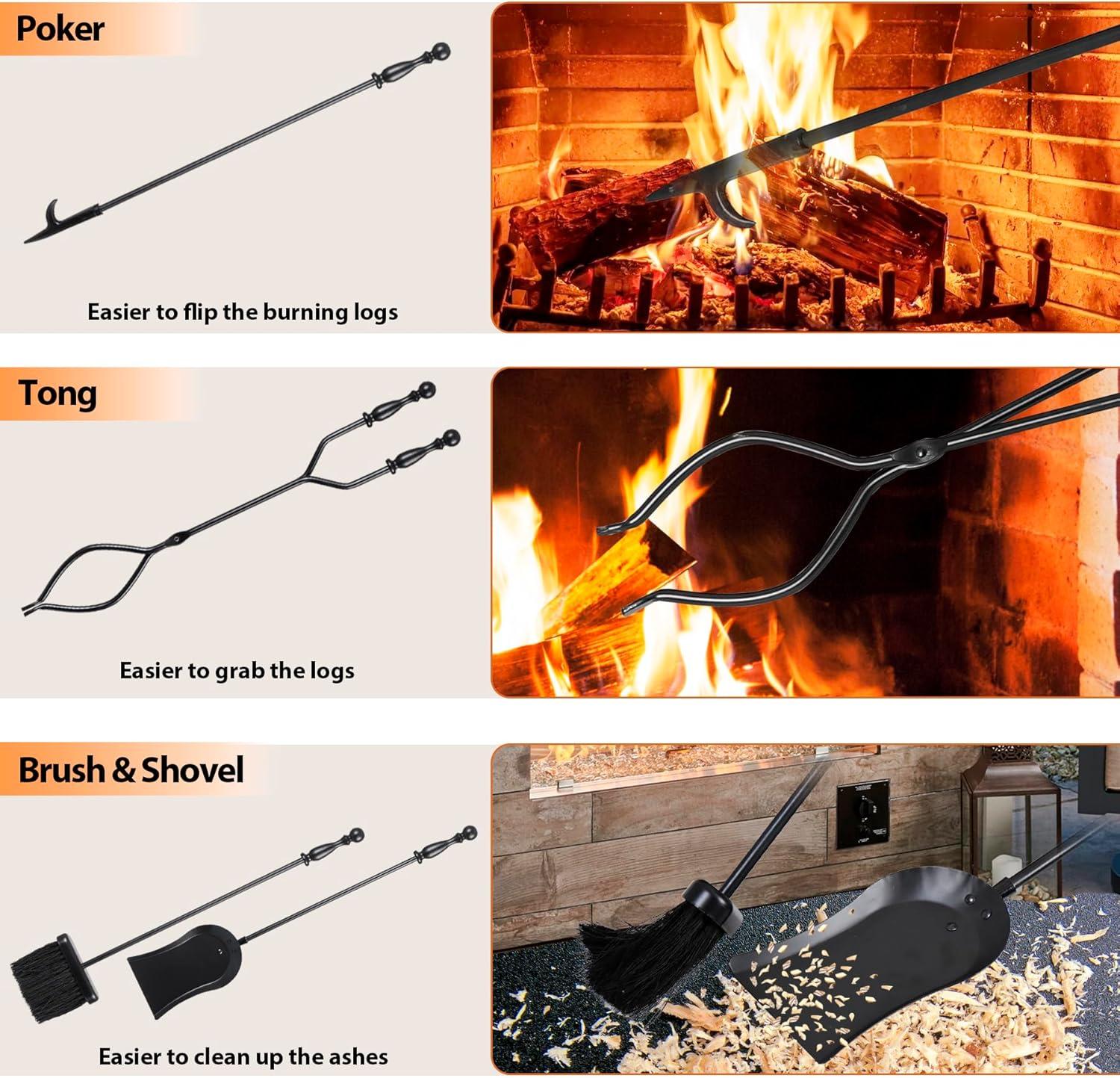 Barton 5pcs Rustic Fireplace Tools Set Hearth Iron Poker Wood Stove Log Tongs Holder Brush Set