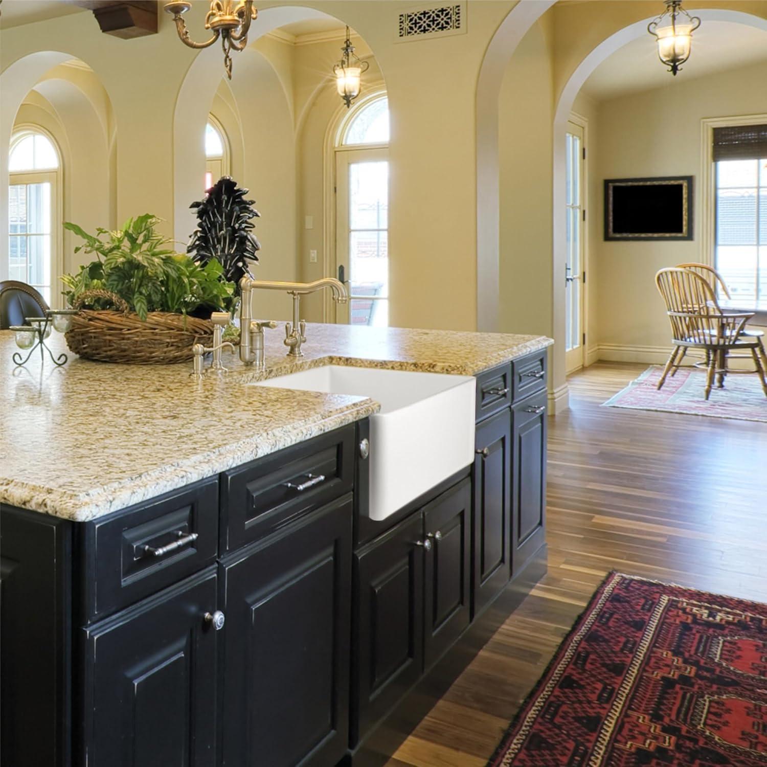 Houzer 30x20 inFireclay Apron Front Single Bowl Kitchen Sink w/ Strainer,Grid-PTS-4100 WH-C