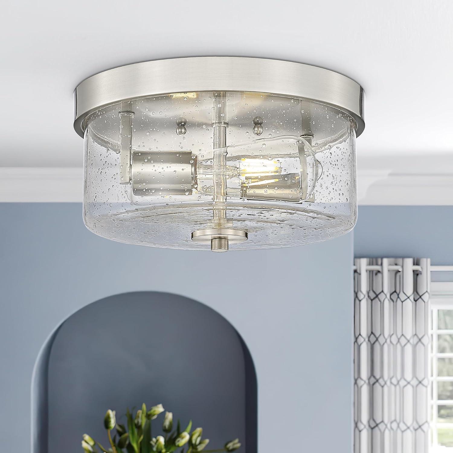 Brushed Nickel 2-Light Round Flush Mount with Seeded Glass Shade