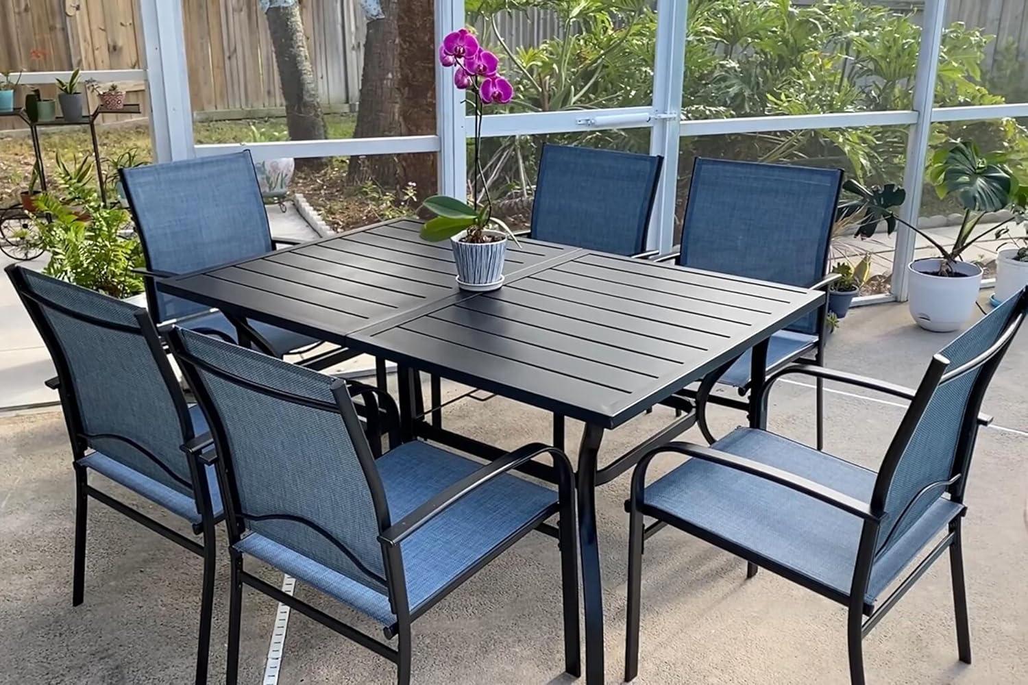 Summit Living 7-Piece Outdoor Patio Dining Set with Rectangle Steel Table with Wooden Tabletop & Textilene Chairs for 6-Person, Black & Blue