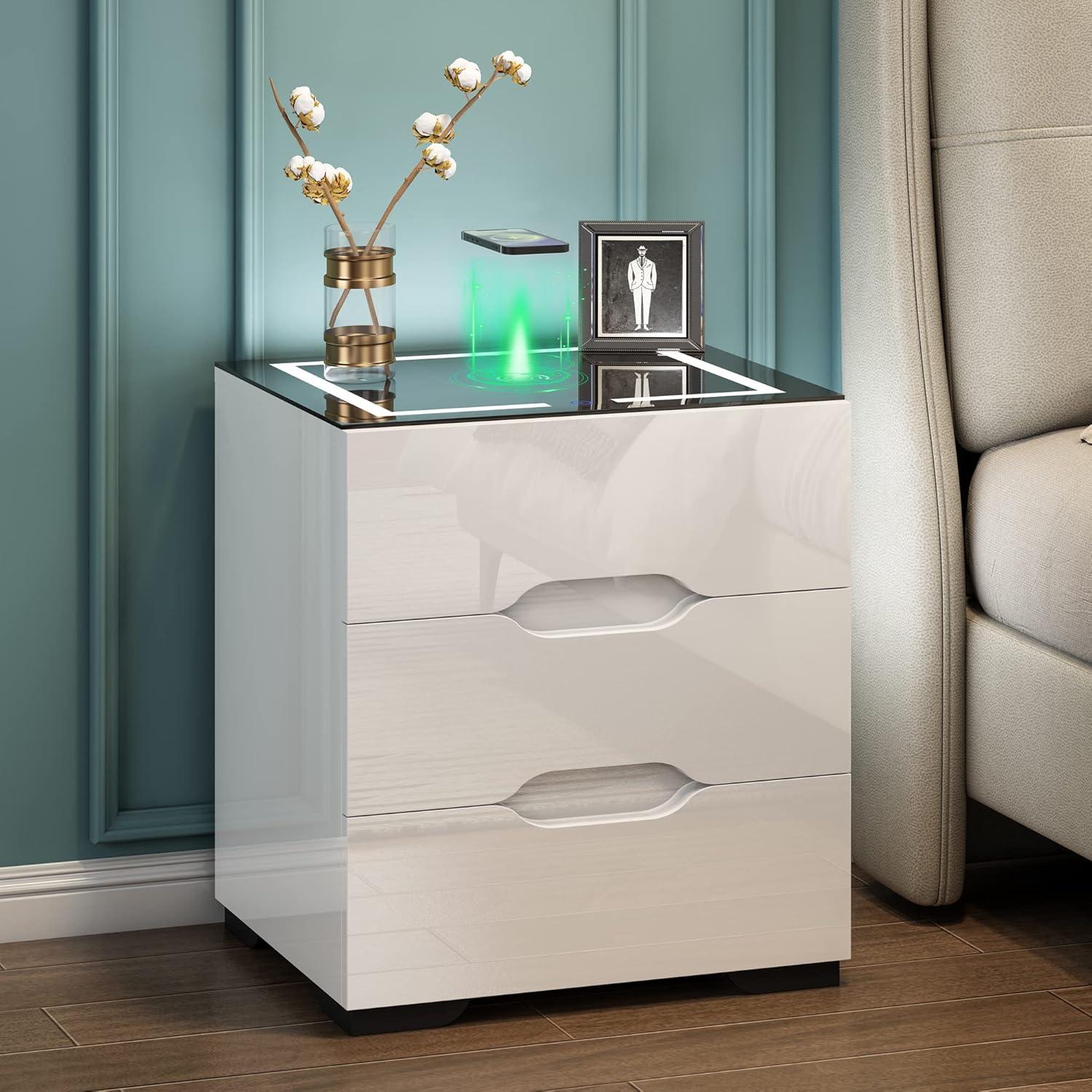 White Nightstand with Wireless Charging Station & Adjustable LED Lights, High Gloss End Table with 3 Drawers & USB Charging, Bedside Table Organizer for Bedroom Use