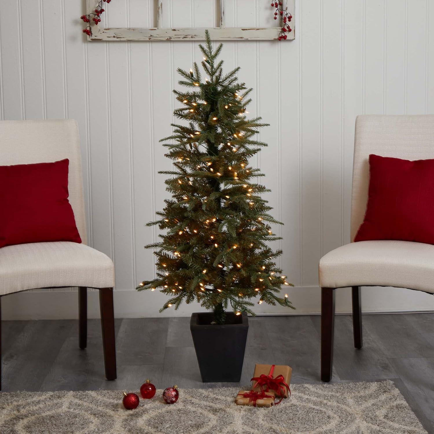 Nearly Natural 4.5-ft Christmas Tree with Clear Lights & Decorative Planter