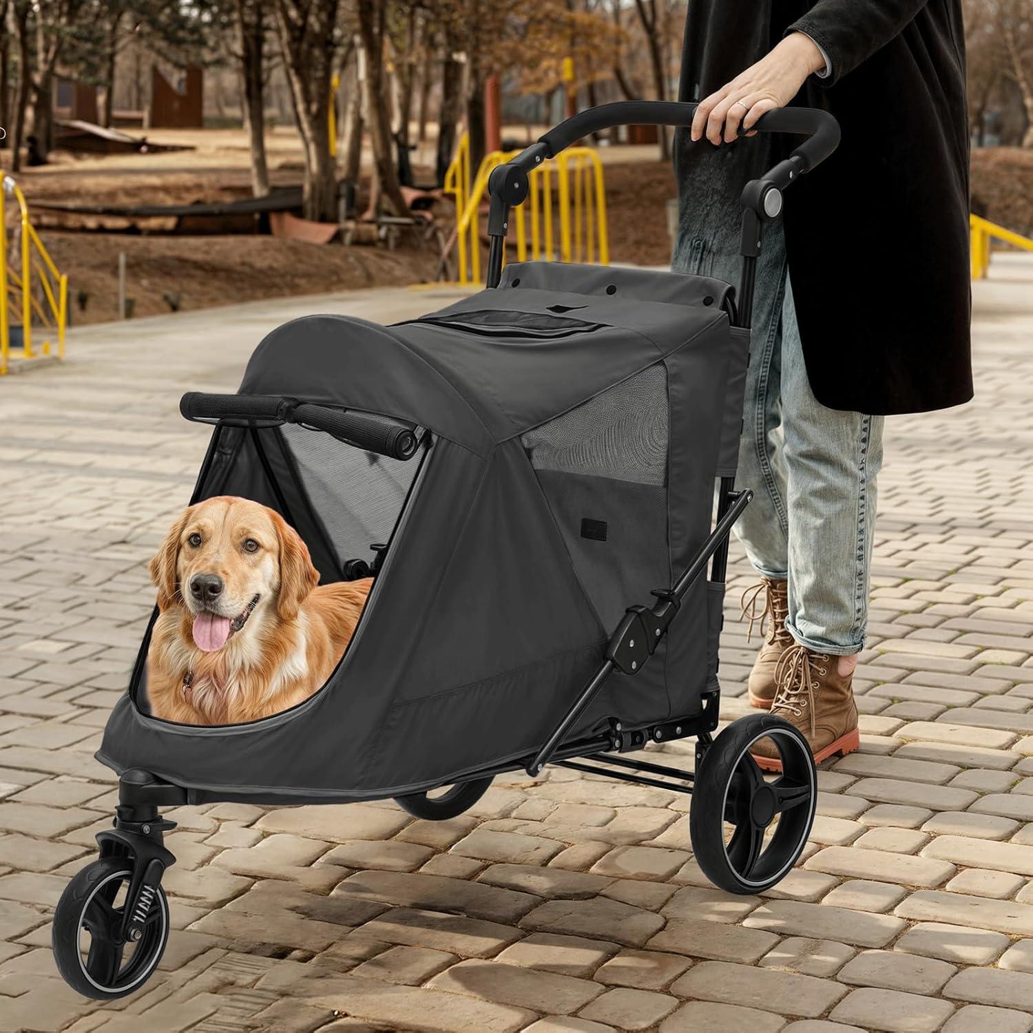 Folding 3 Wheel Pet Stroller, Foldable Dog Jogger Stroller with Adjustable Handlebar and Mesh Window