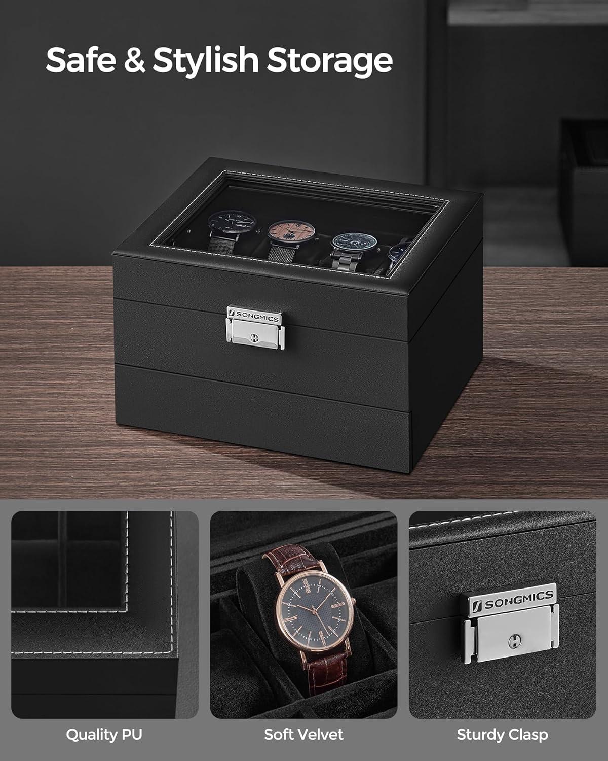 SONGMICS Watch Box, 8-Slot Watch Case Organizer with Large Glass Lid, 2 Layers, Removable Pillows, Metal Lock, Gift for Loved Ones, Black Synthetic Leather, Black Lining UJWB080B01