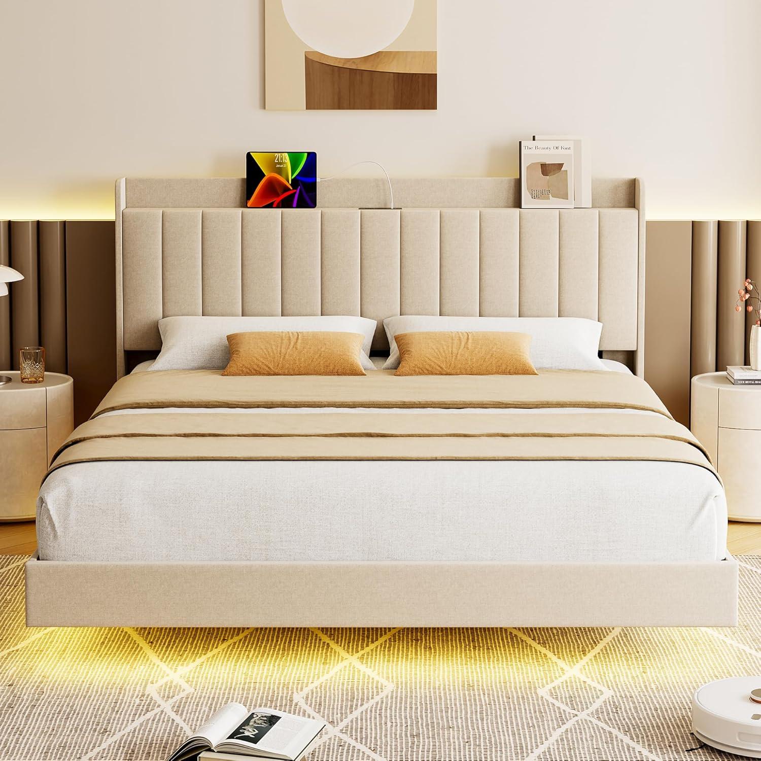 GarveeHome Queen Floating Bed Frame with Charging Station & Storage Headboard, Upholstered Platform Full Size Bed Frame with LED Lights, Solid Wood Slats, Beige