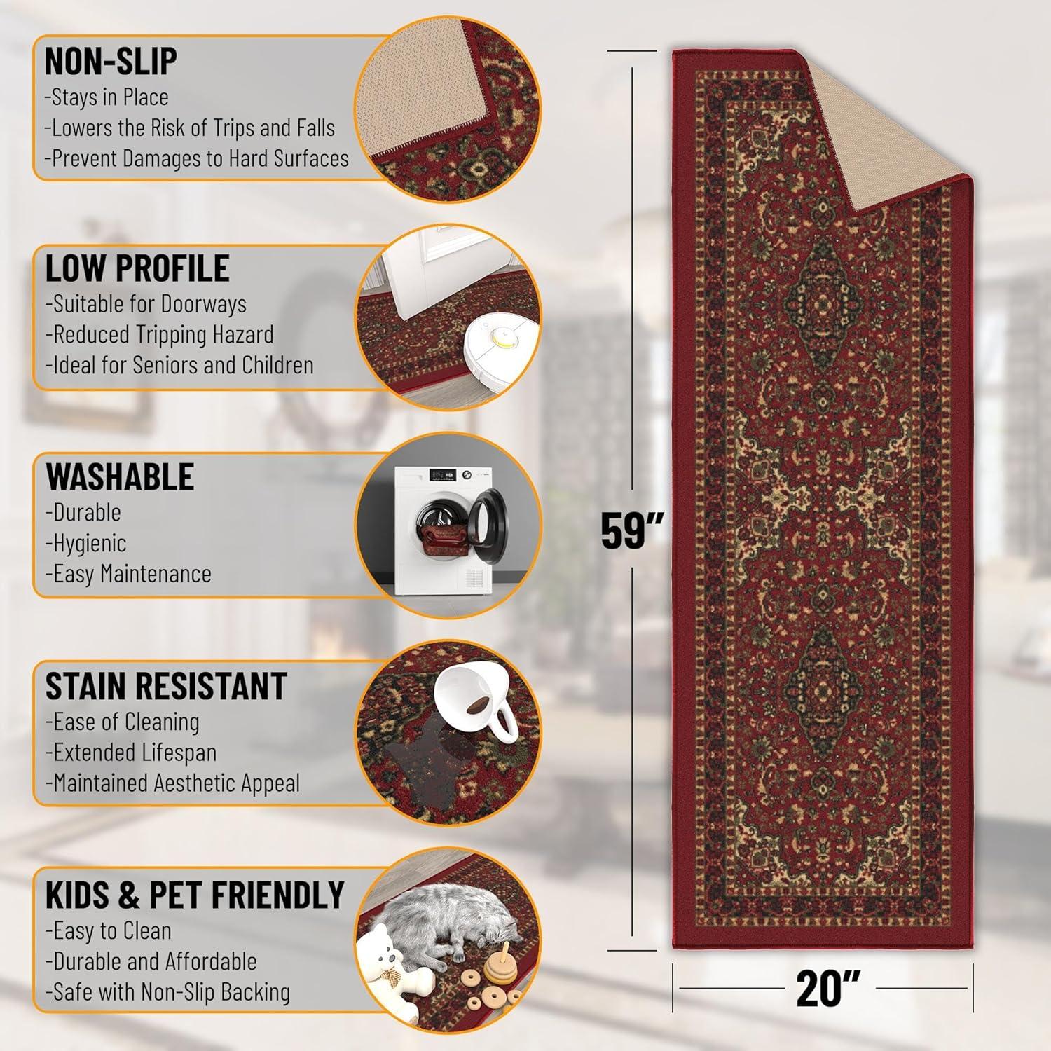 Elegant Red Oriental Runner Rug with Non-Slip Rubber Backing, 59"L x 20"W