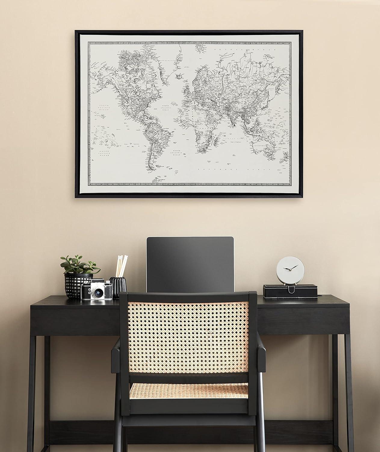 Kate and Laurel Sylvie Vintage Black and White World Map Framed Canvas by The Creative Bunch Studio