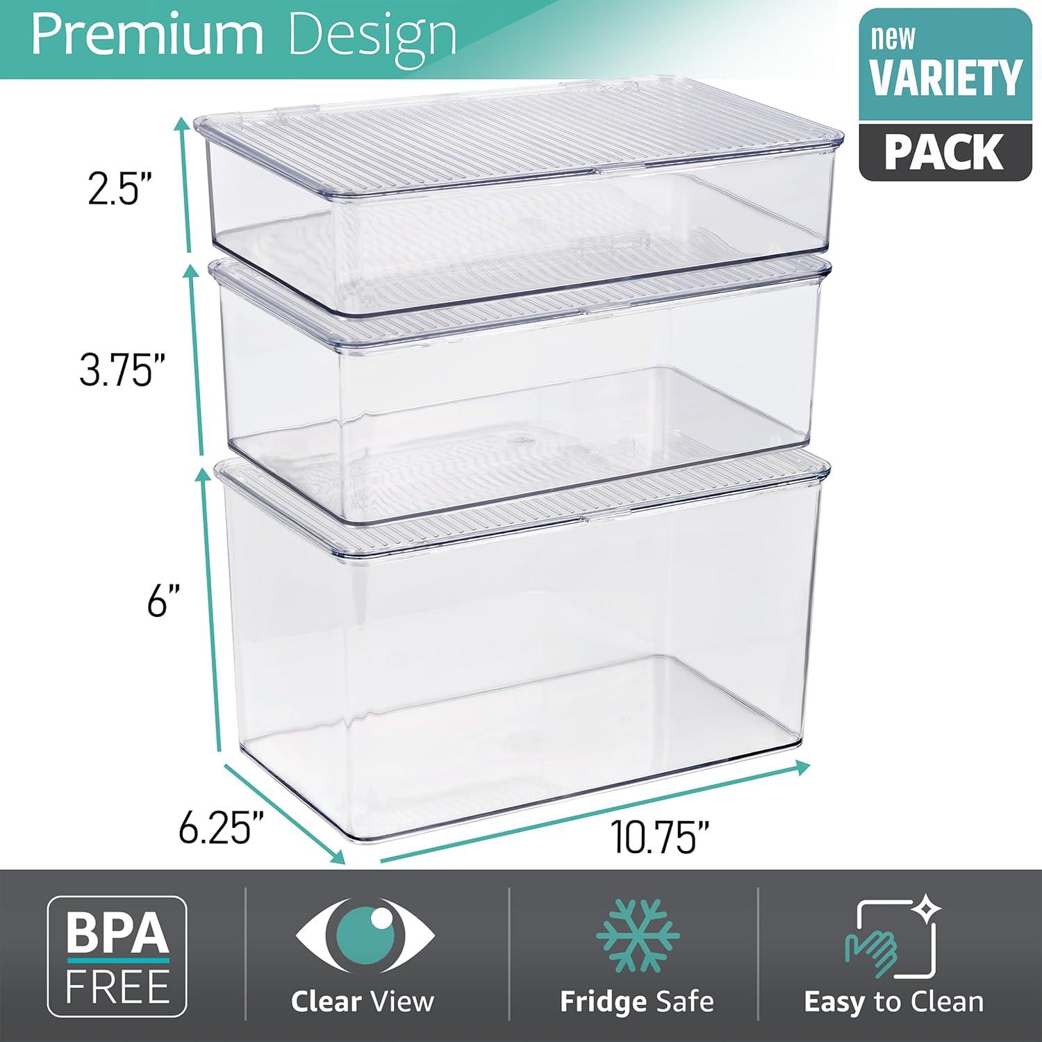 Sorbus Variety Clear Storage Bins For Pantry & Fridge With Hinged Lids, 3 Piece
