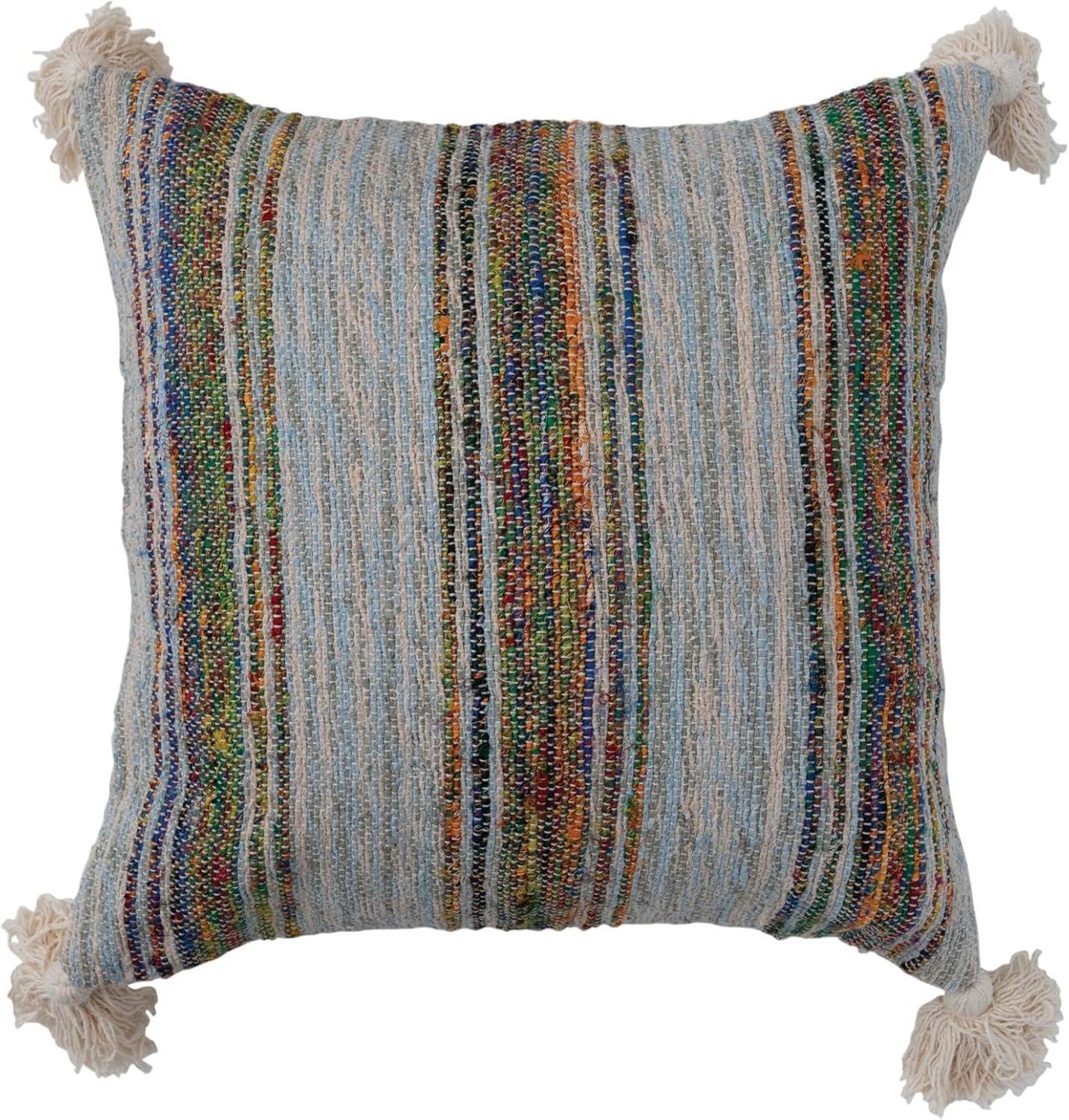 Multicolor Cotton Embroidered Square Pillow with Tassels