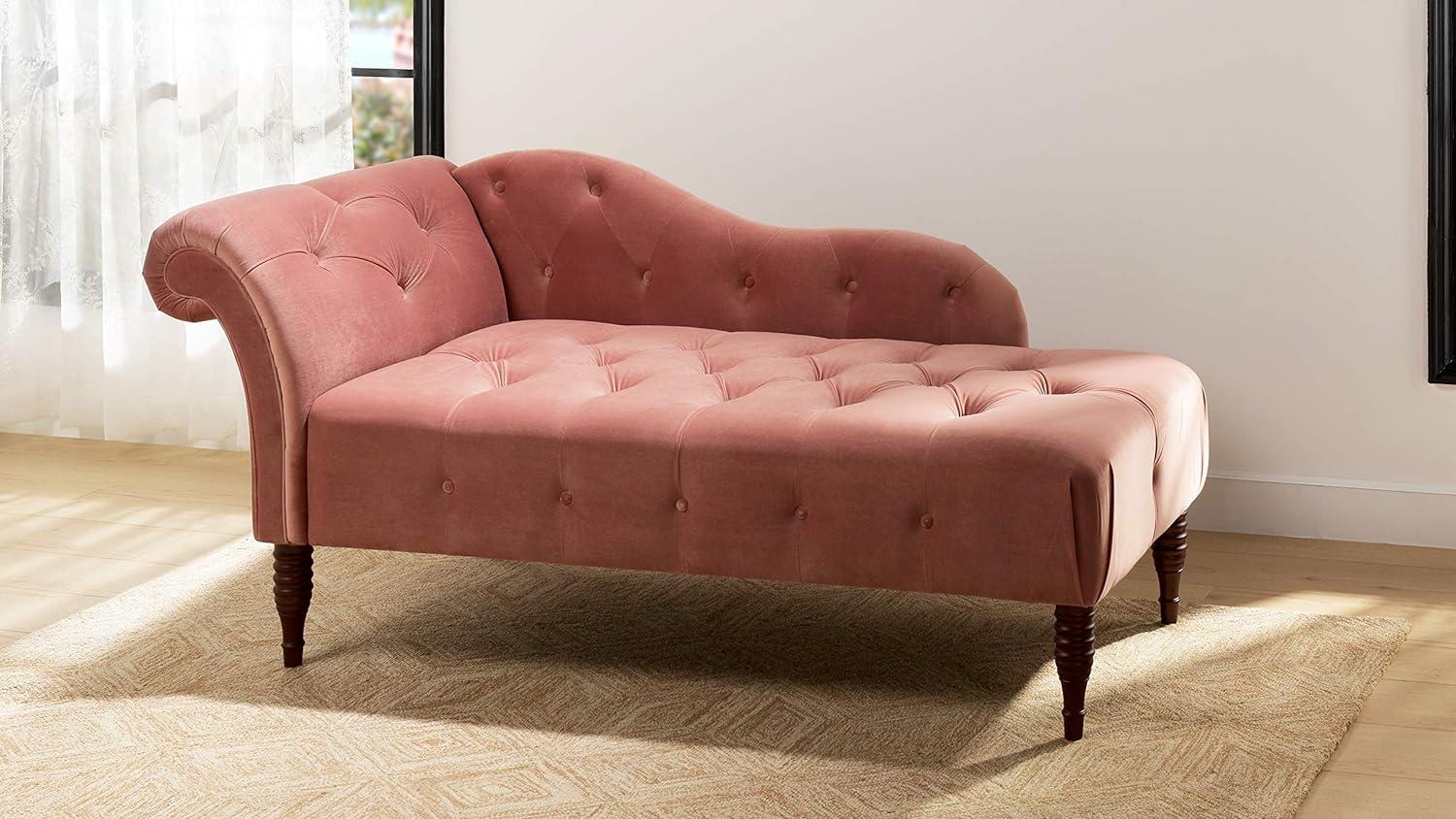 Ash Rose Velvet Handcrafted Chaise Lounge with Tufted Roll Arm