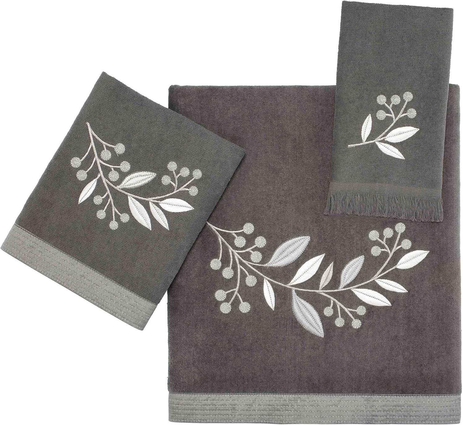 Granite Cotton Embroidered Leaf and Vine Bath Towel Set