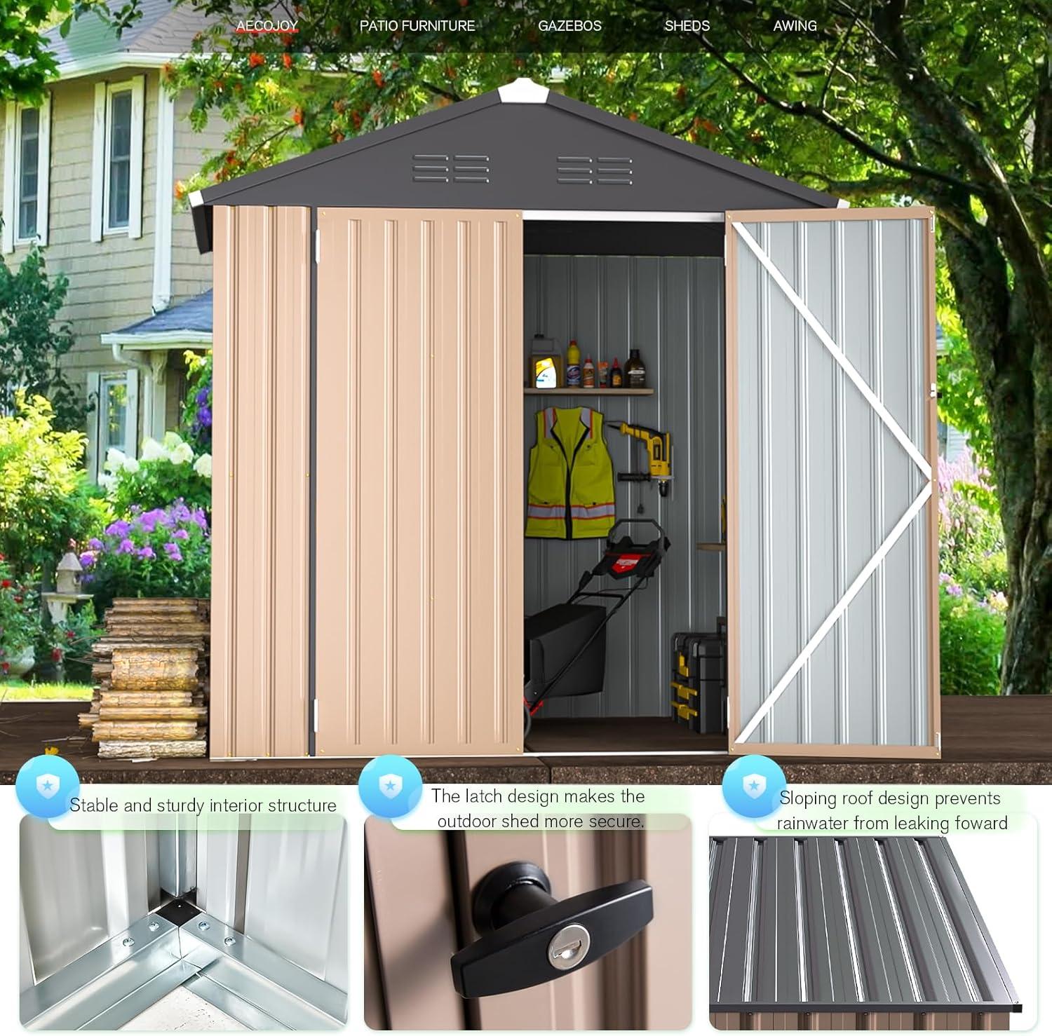 Gray and Brown Metal Outdoor Storage Shed with Lockable Door