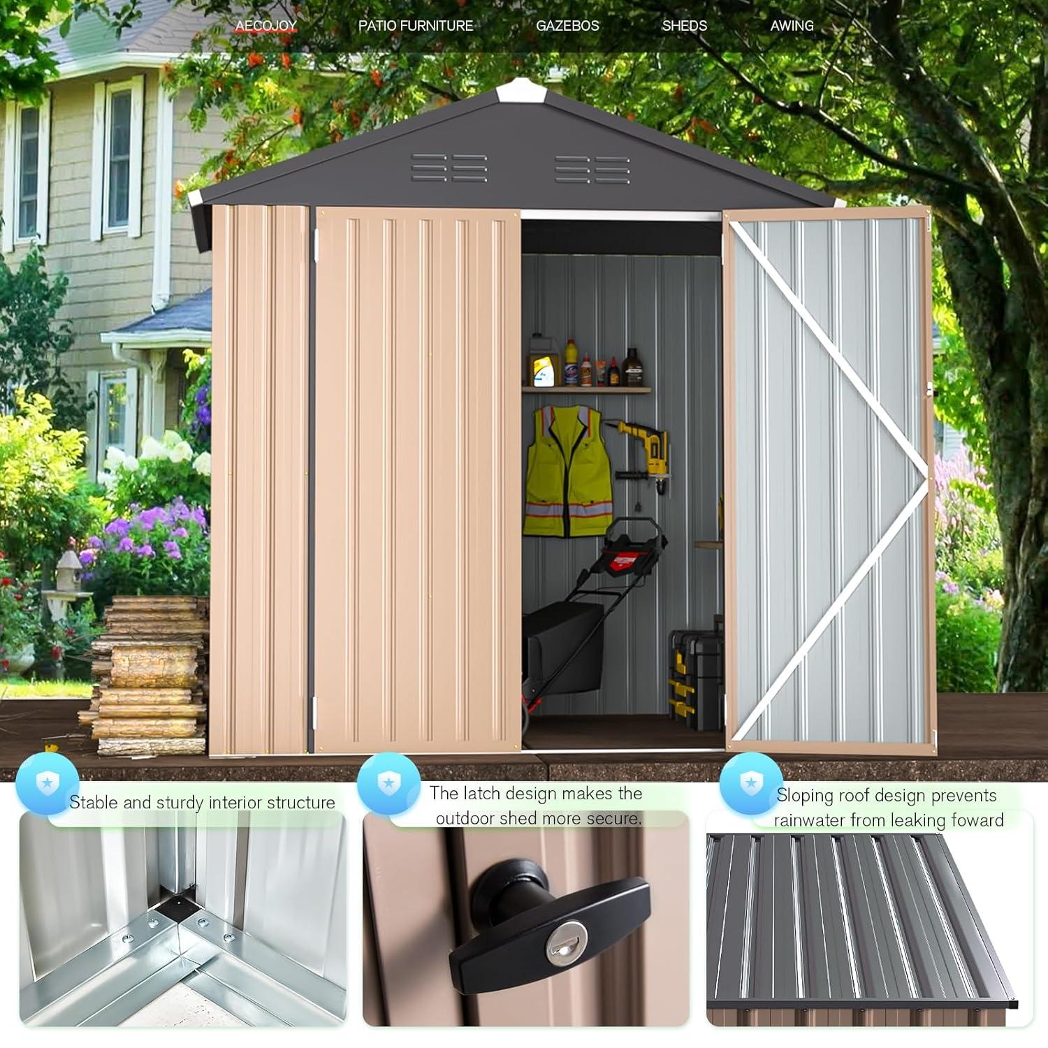 AECOJOY 6' x 6' Outdoor Storage Shed with Rack & Shelves Metal Utility Tool Shed with Lockable Door for Backyard & Garden on Clearance