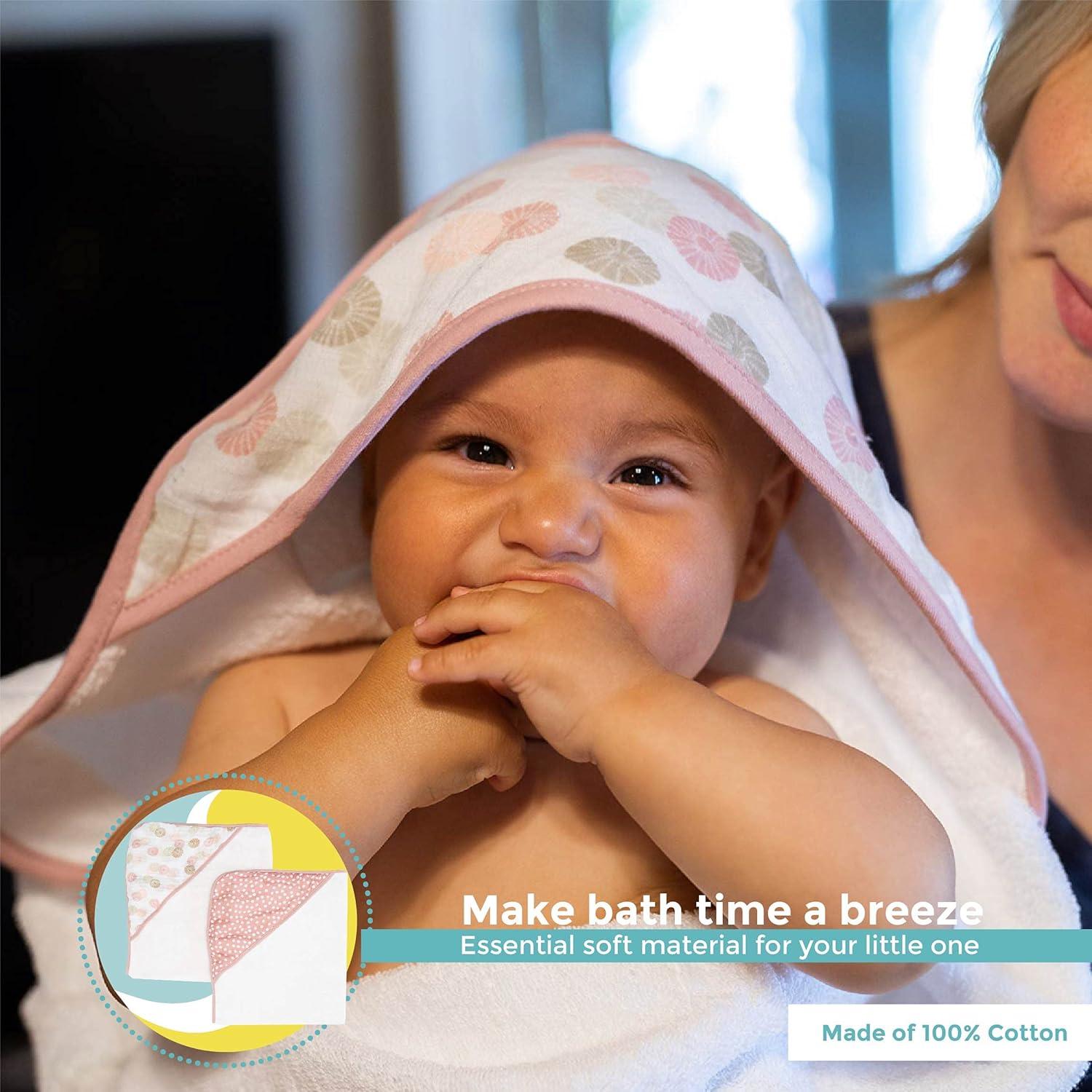 Spasilk Baby Hooded Towel Bath Set, Muslin Printed Hood, Pack of 2, Pink Shells