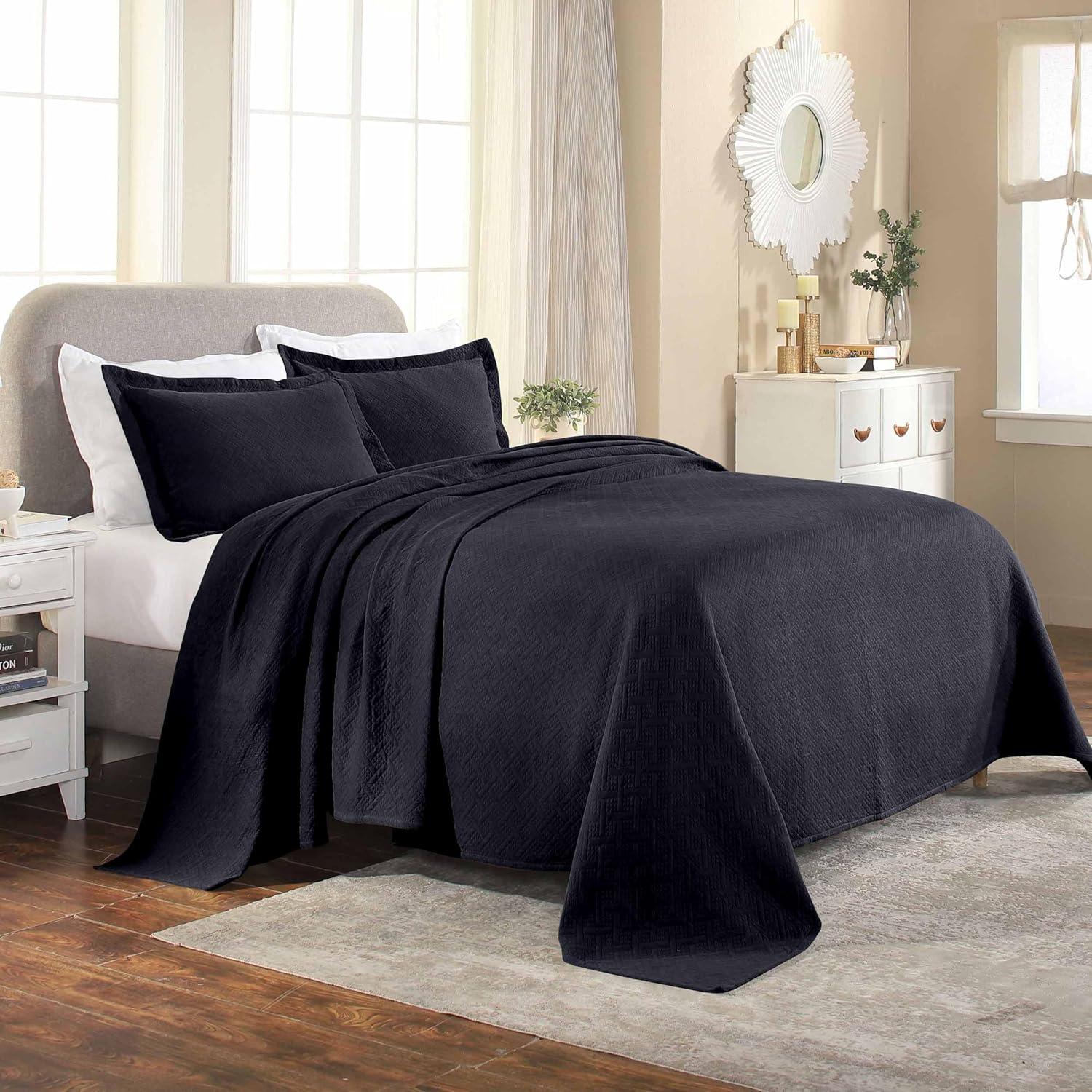 Elegant Navy Blue Cotton Basketweave Queen Bedspread Set