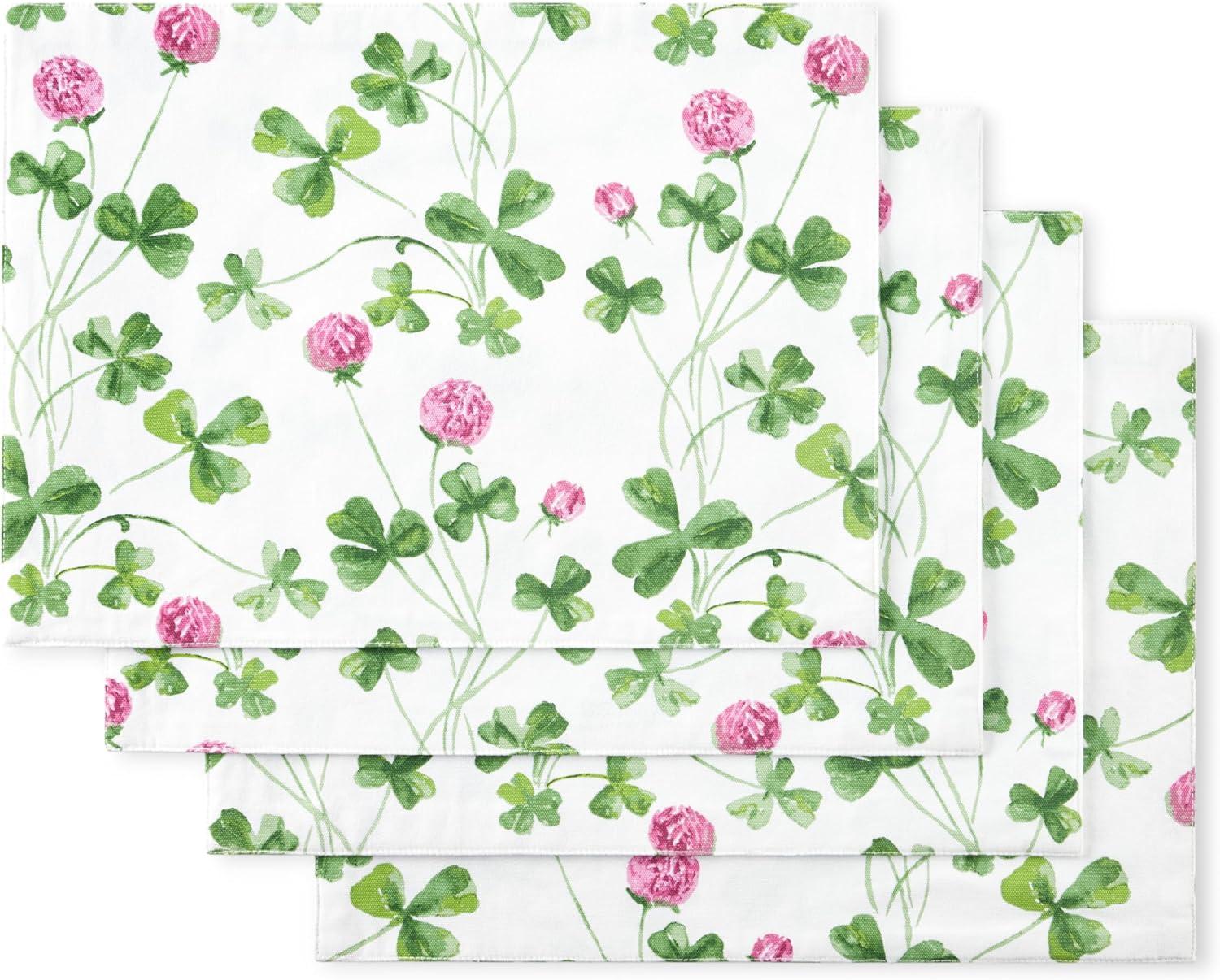 Clover Meadow White and Green Fabric Placemats, 13"x17.5", Set of 4