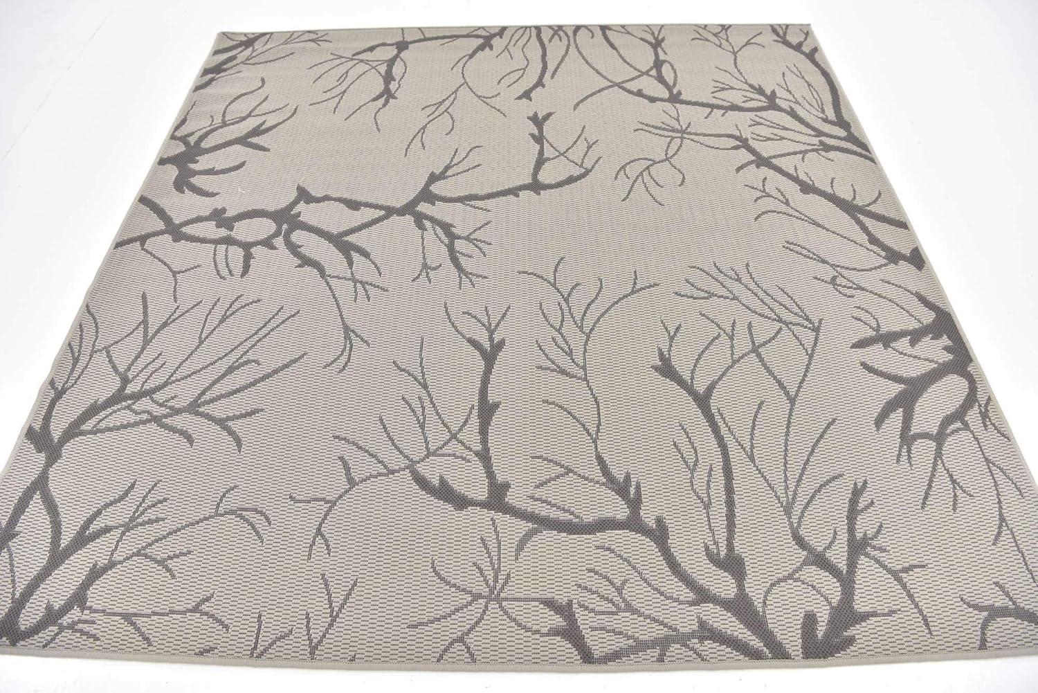 Unique Loom Branch Outdoor Botanical Rug , 6' 1" x 6' 1" ,Light Gray