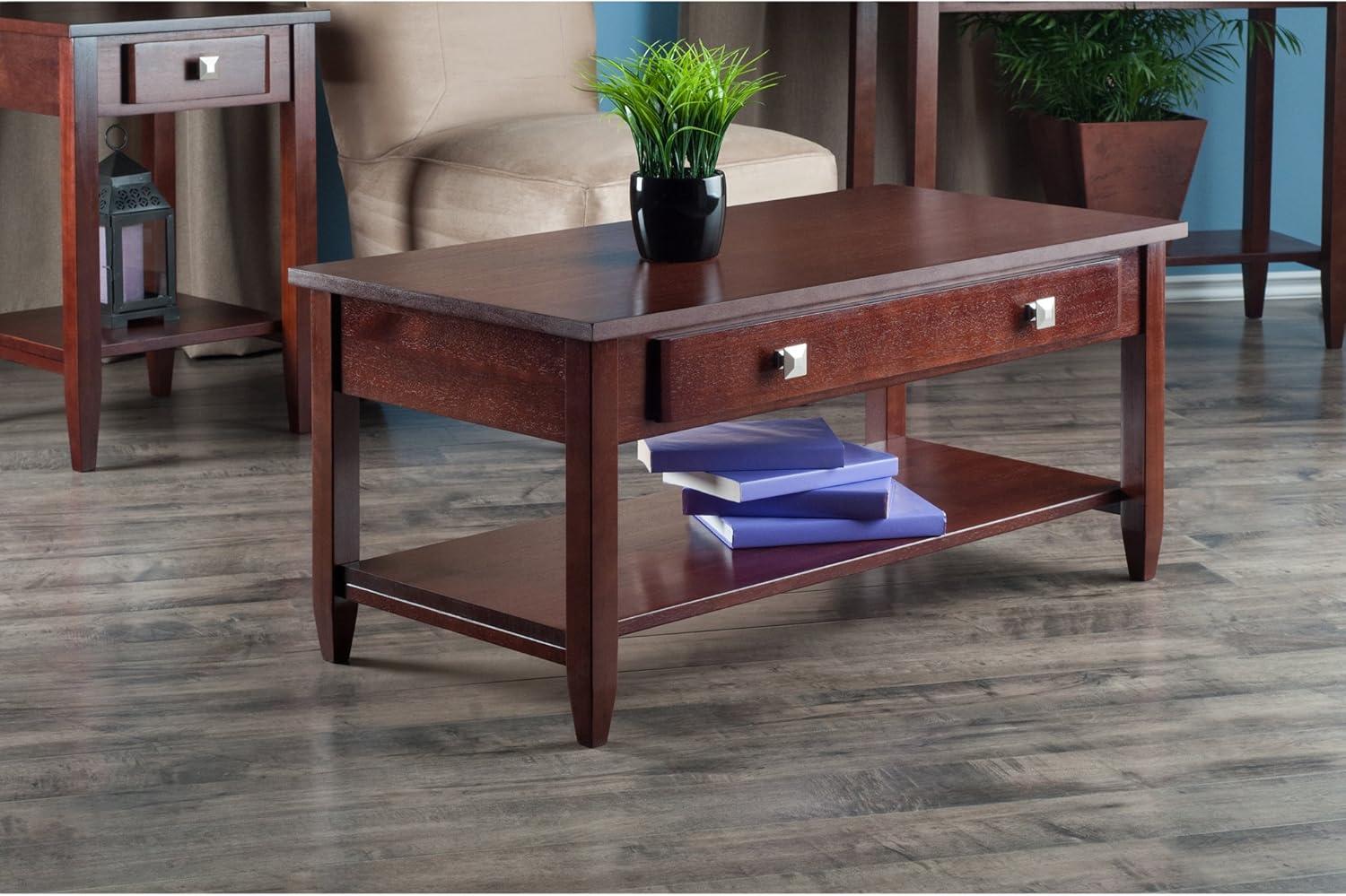 Richmond Coffee Table with Tapered Leg Walnut Finish - Winsome: Storage Shelf, Modern Brushed-Chrome Knobs