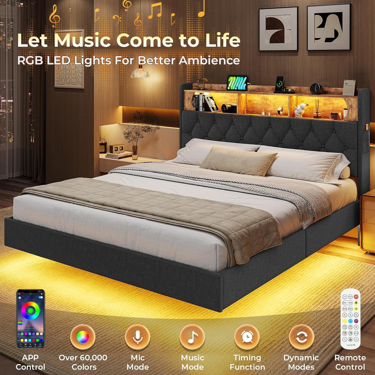 Weiplehoom Full Floating Bed Frame with Storage Headboard and LED Lights, Linen Upholstered Platform Bed with Charging Station, Dark Gray