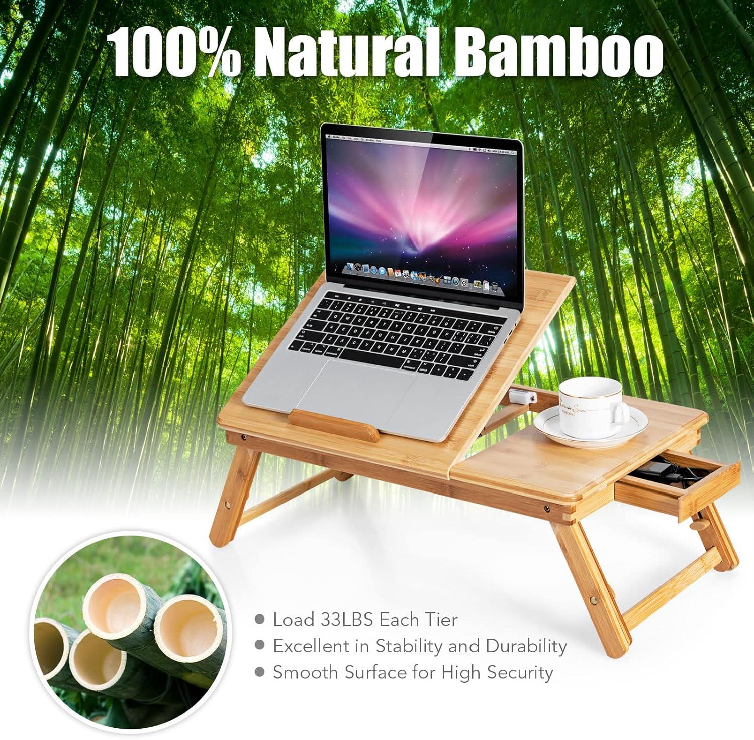 Bamboo Laptop Lap Tray with Adjustable Legs and Tilting Heat-dissipation Top-Natural