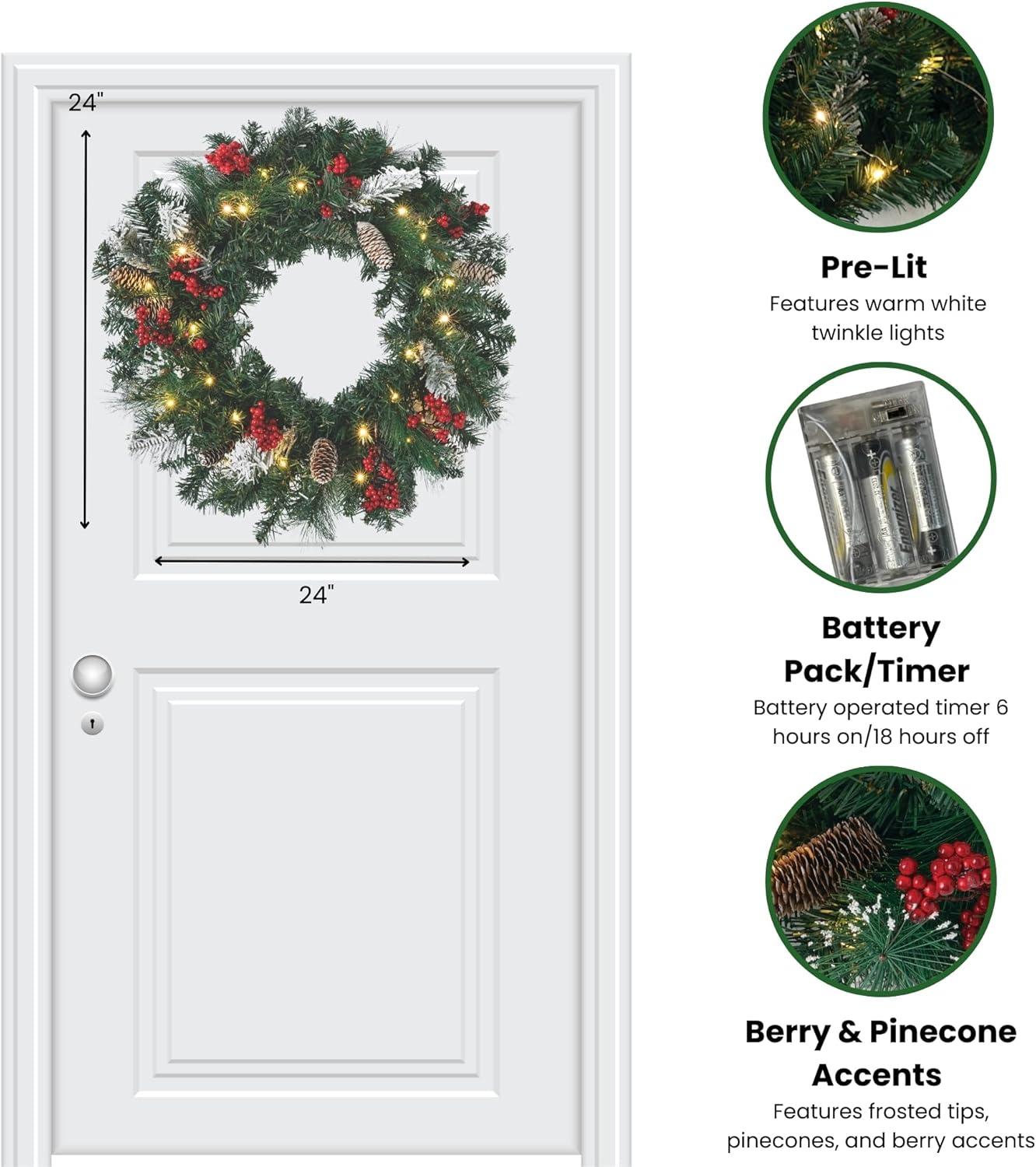 Sullivans 24 Inch Pre-lit Berry Pine Christmas Wreath Decorated with Pinecones, Light Flocking, and Warm White Twinkle Lights