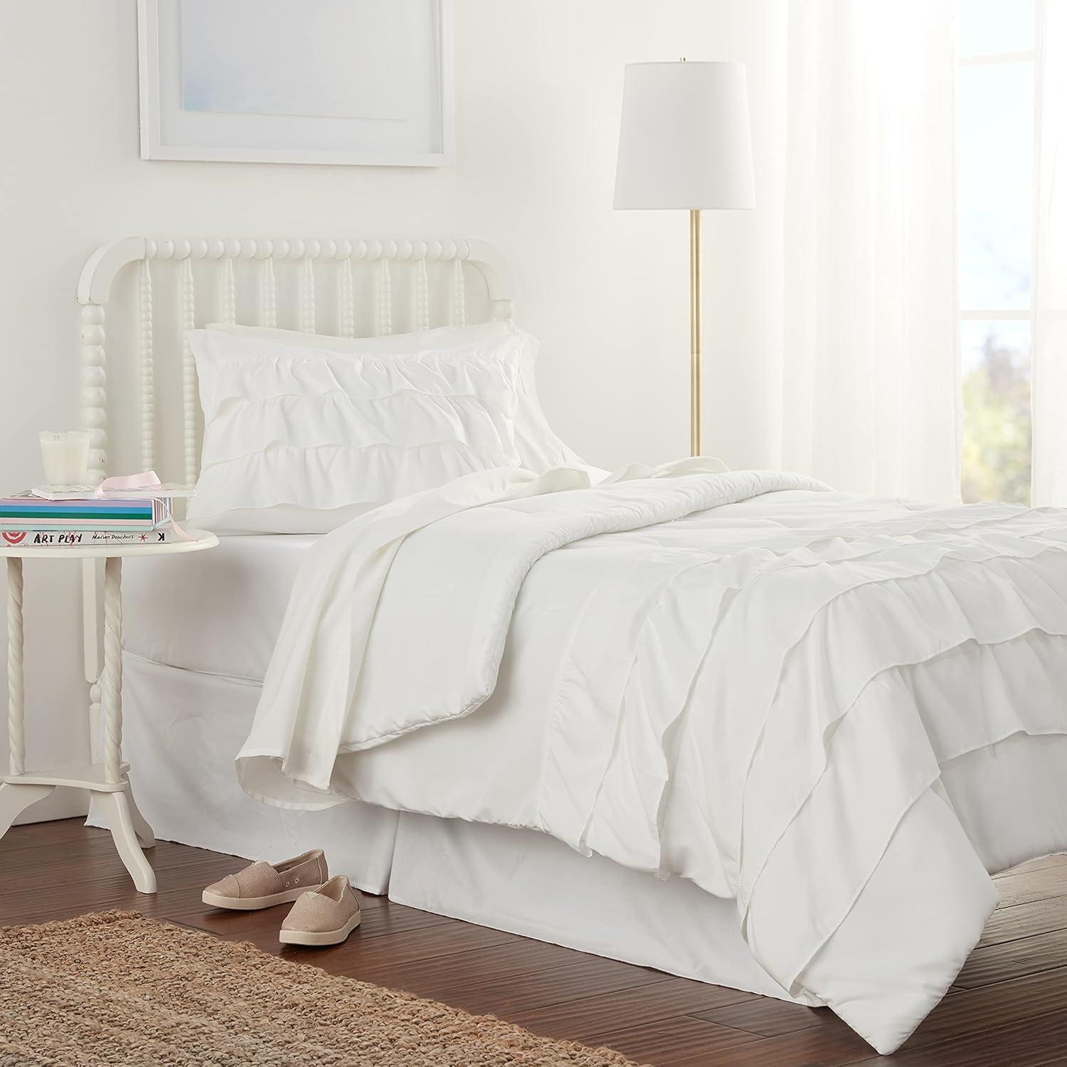 Twin White Microfiber Ruffled Comforter Set