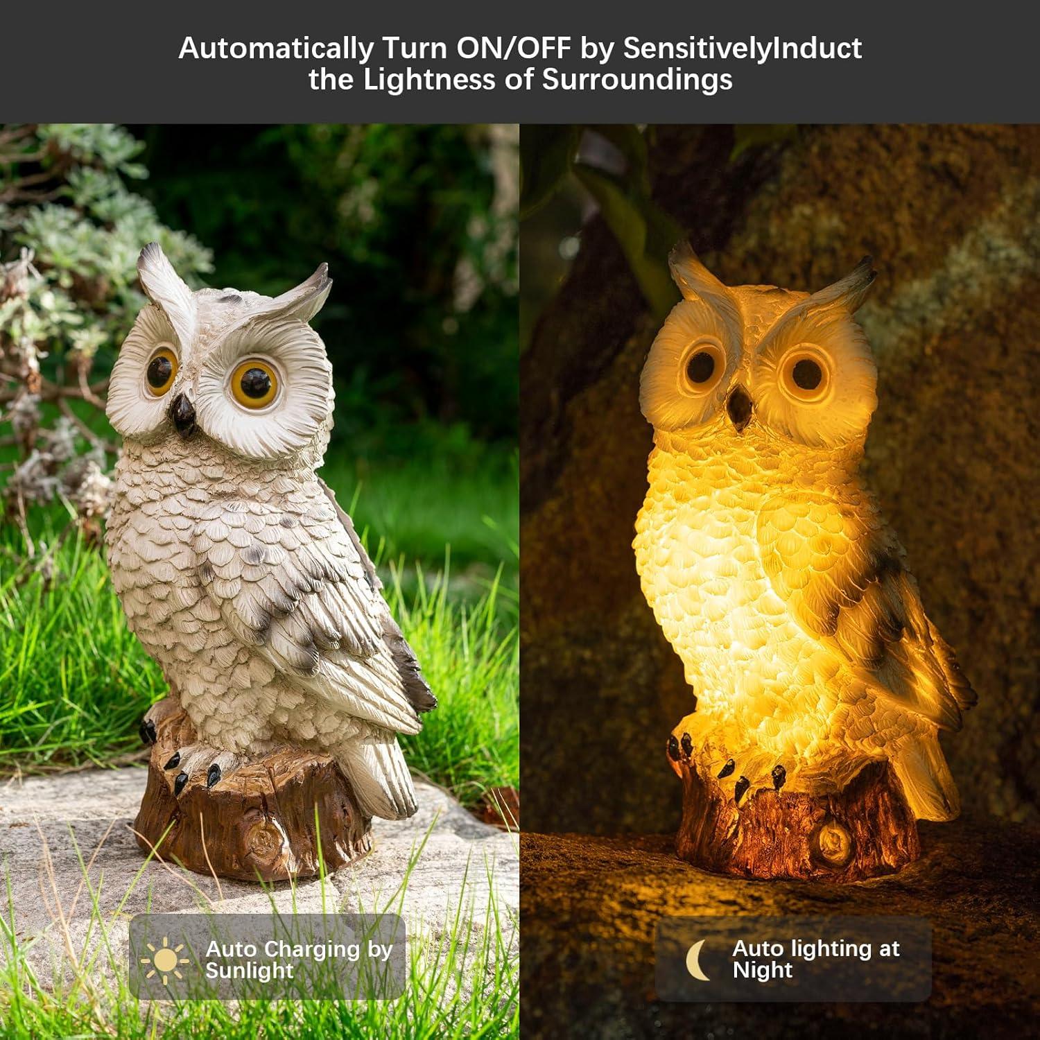 Solar Resin Owl Figurine with LED Lights for Outdoor Decor