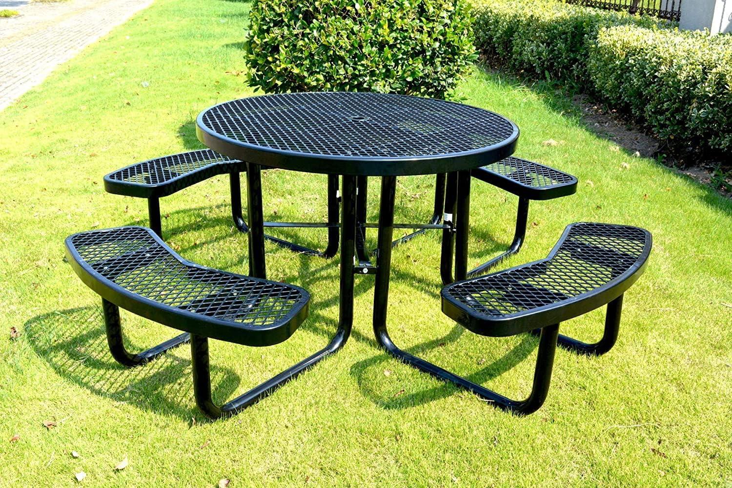 46" Textured Black Expanded Metal Round Outdoor Picnic Table