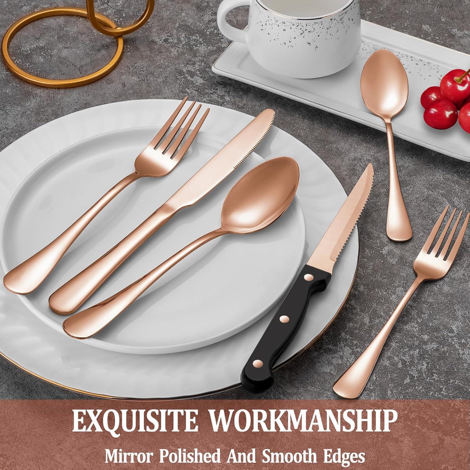 24-Piece Rose Gold Stainless Steel Flatware Set with Steak Knives