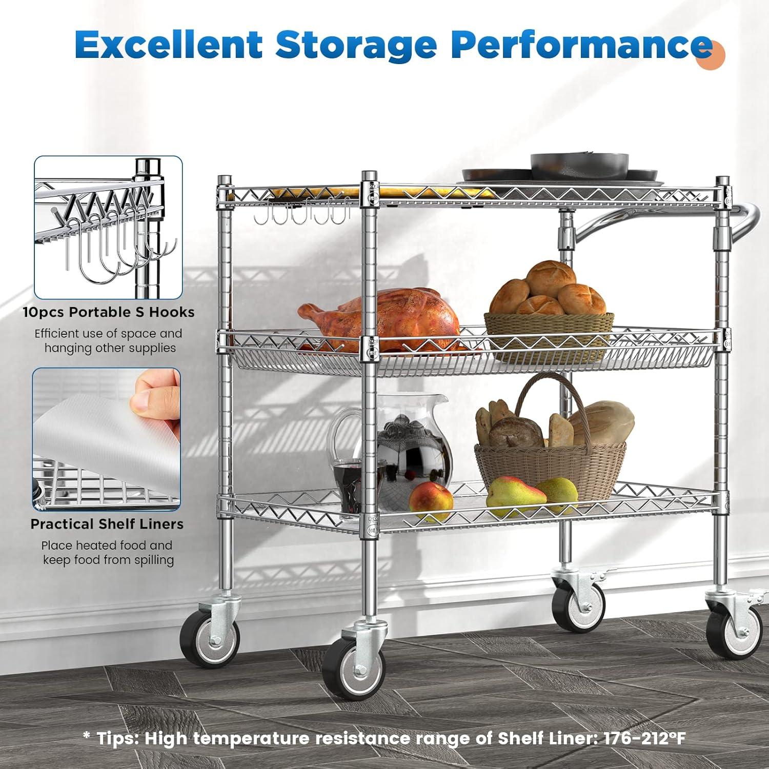990lbs Capacity 3 Tier Heavy Duty NSF Rolling Chrome trolley Cart with Wheels & Wire Shelving & Handle Bar-Storage Carts on Wheels for Kitchen, Office, Outdoor,Serving