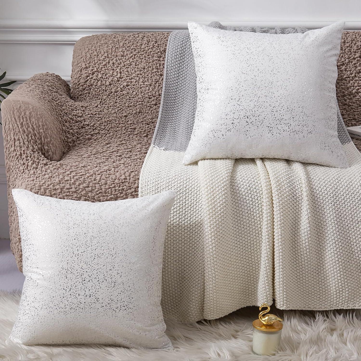 Silver Velvet Bliss Pillow Covers - Set of 2 White 18x18 Decorative Square Throw Pillows for Home Decor. Ideal for Bedroom, Living Room, Couch, Bed, and Sofa. Luxurious White and Silver Design.